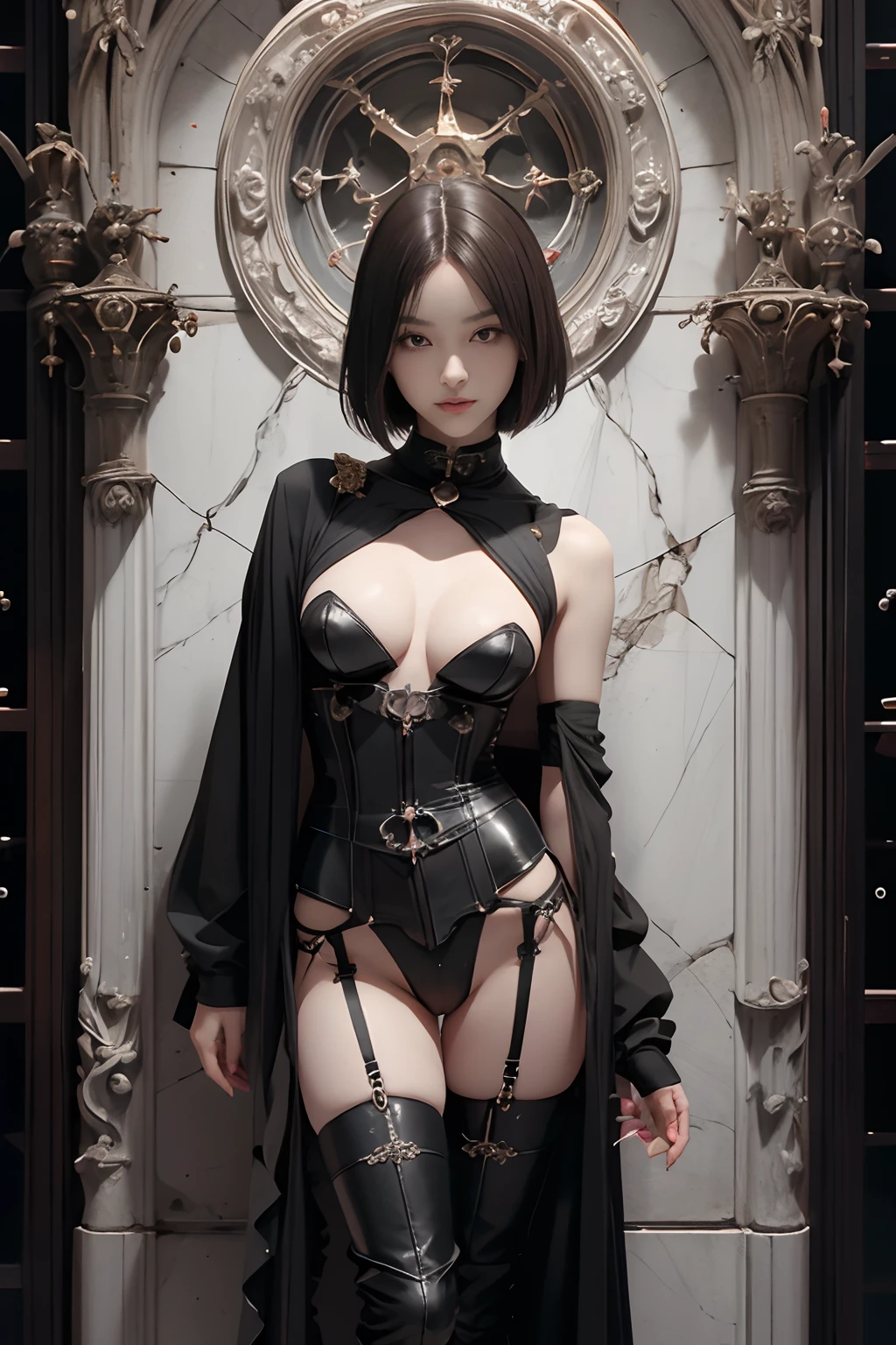 Japan maiden posing in a black rubber corset,((small tits,well-shaped bust,slim body and constricted waist,,,,,,)), (((Absolute symmetry))),Black silk bra＆pantiy,Transparent Panty House、 long boots, Bondage style,Without cloak、nippless,Bewitching smile、short hair of dark chestnut color,,,,,,,Looking at the camera、Inside the cathedral