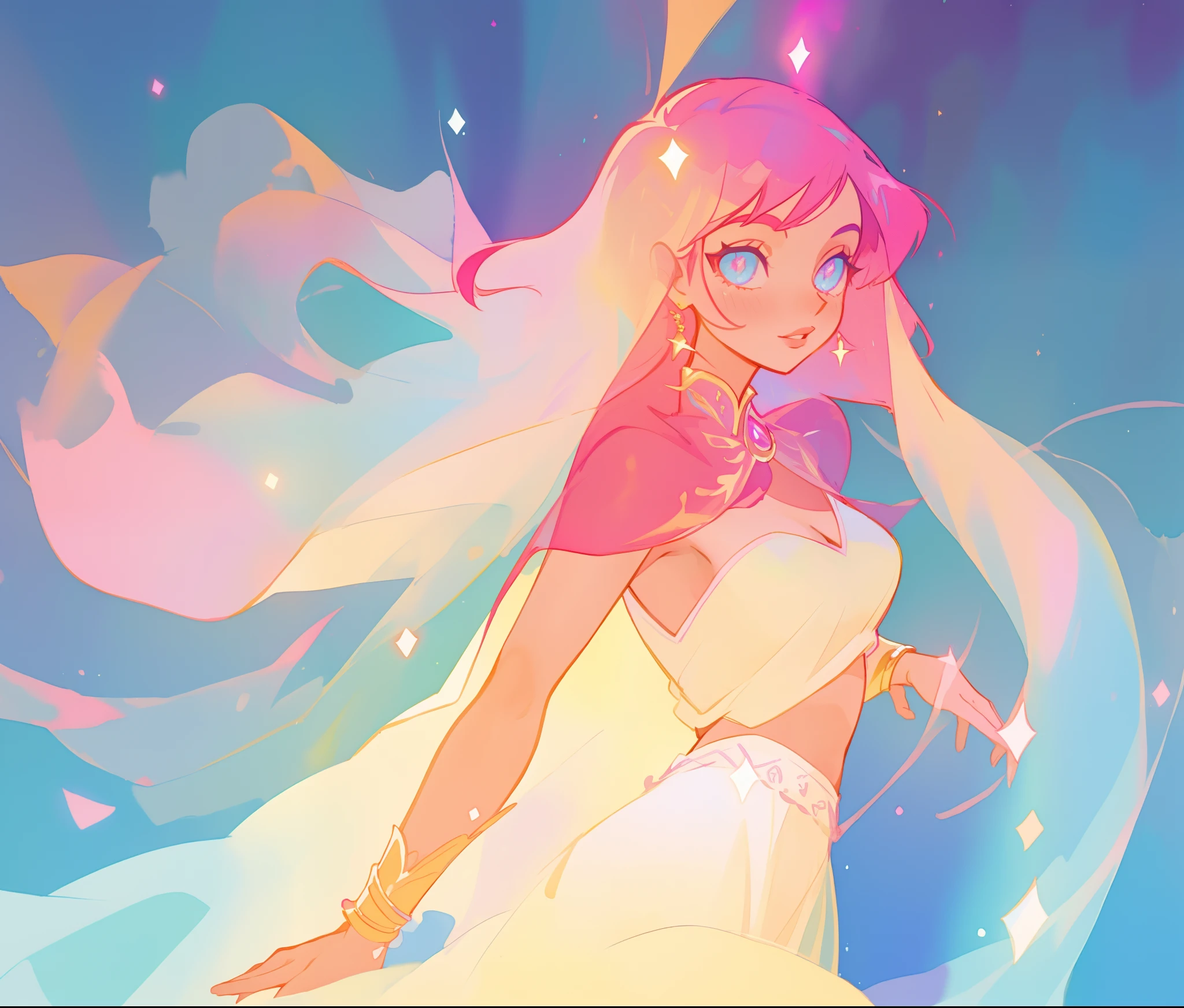 beautiful girl in white arabian dress, (arabian princess), (arabian dancer), (fantasy arabian dress), intricate dress design, long colorful sparkling pink hair, watercolor illustration, Lois van Baarle, glowing aura around her, Glen Keane, jen bartel, glowing hair, beautiful digital illustration, fantasia background, beautiful, masterpiece, best quality, anime disney style, (detailed eyes), golden ratio, perfect composition, (beautiful arms, perfect hands, perfect anatomy)