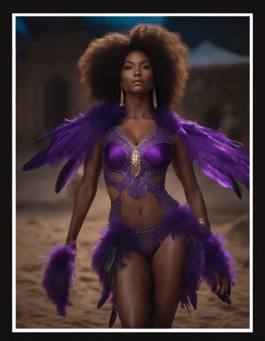 ((masterpiece, ultra-detailed, 48k Cinematography, HDR)) ((Afro-caribbean Dark-skinned female in fringe and feathers)), purple outfit, hourglass physique,thick, alluring, , heart hips, long, toned legs. feathered and fringe woman remaking the universe step by step.:: official art, beautiful and aesthetic, high paced, action packed, ((masterpiece, ultra-detailed, highly detailed)) ( full body, (split pov), ( sense of depth, depth of field, ), anime splash-art, , movie scene, afrofuturistic , depth of field, dynamic angle, scenery, dramatic lighting, volumetric lighting