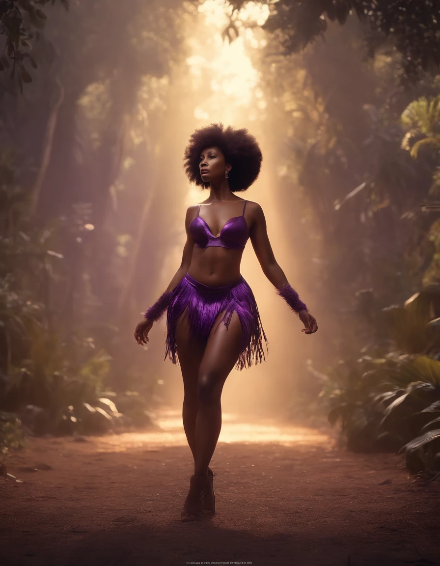 ((masterpiece, ultra-detailed, 48k Cinematography, HDR)) ((Afro-caribbean Dark-skinned female in fringe and feathers)), purple outfit, hourglass physique,thick, alluring, , heart hips, long, toned legs. feathered and fringe woman remaking the universe step by step.:: official art, beautiful and aesthetic, high paced, action packed, ((masterpiece, ultra-detailed, highly detailed)) ( full body, (split pov), ( sense of depth, depth of field, ), anime splash-art, , movie scene, afrofuturistic , depth of field, dynamic angle, scenery, dramatic lighting, volumetric lighting