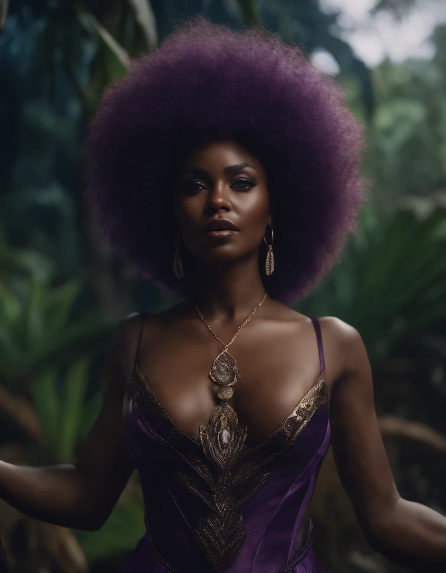 ((masterpiece, ultra-detailed, 48k Cinematography, HDR)) ((Afro-caribbean Dark-skinned female in fringe and feathers)), purple outfit, hourglass physique,thick, alluring, , heart hips, long, toned legs. feathered and fringe woman remaking the universe step by step.:: official art, beautiful and aesthetic, high paced, action packed, ((masterpiece, ultra-detailed, highly detailed)) ( full body, (split pov), ( sense of depth, depth of field, ), anime splash-art, , movie scene, afrofuturistic , depth of field, dynamic angle, scenery, dramatic lighting, volumetric lighting
