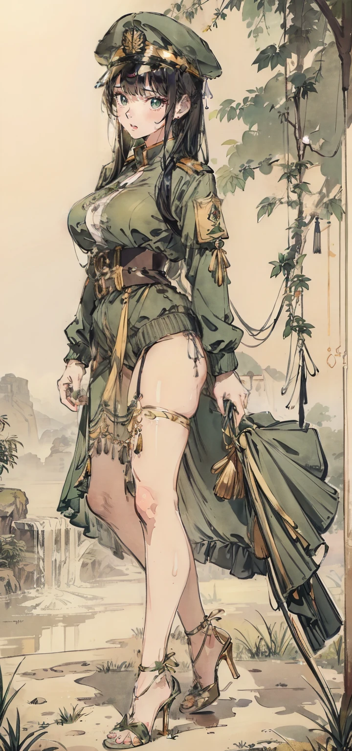 1female,31 years old,熟妇,Bigchest,Big breasts Thin waist,long leges,Buttock augmentation,Pornographic exposure, 独奏,(Background with:hilltop,the rainforest,in summer,Standing water on the ground,exteriors) Feel free to hairstyle,standing on your feet,legs are open,Sweat profusely,drenched all over the body,seen from the front,Long black hair , mostly cloudy sky,(((tmasterpiece),(Very detailed CG unity 8K wallpaper),best qualtiy,cinmatic lighting,detailed back ground,beatiful detailed eyes,Bright pupils,(Very fine and beautiful),(Beautiful and detailed eye description),ultra - detailed,tmasterpiece,)),facing at camera,A high resolution,ultra - detailed)nakeness,比基尼,with no underpants,revealing breasts,Bare genitalia, Bulge,Camel toes,Raised sexy,Lewd expression,Flushed complexion,Open-mouthed,frontage,Officer's cap,(Wearing:green colored bomber jacket)high-heels,Sewing stockings