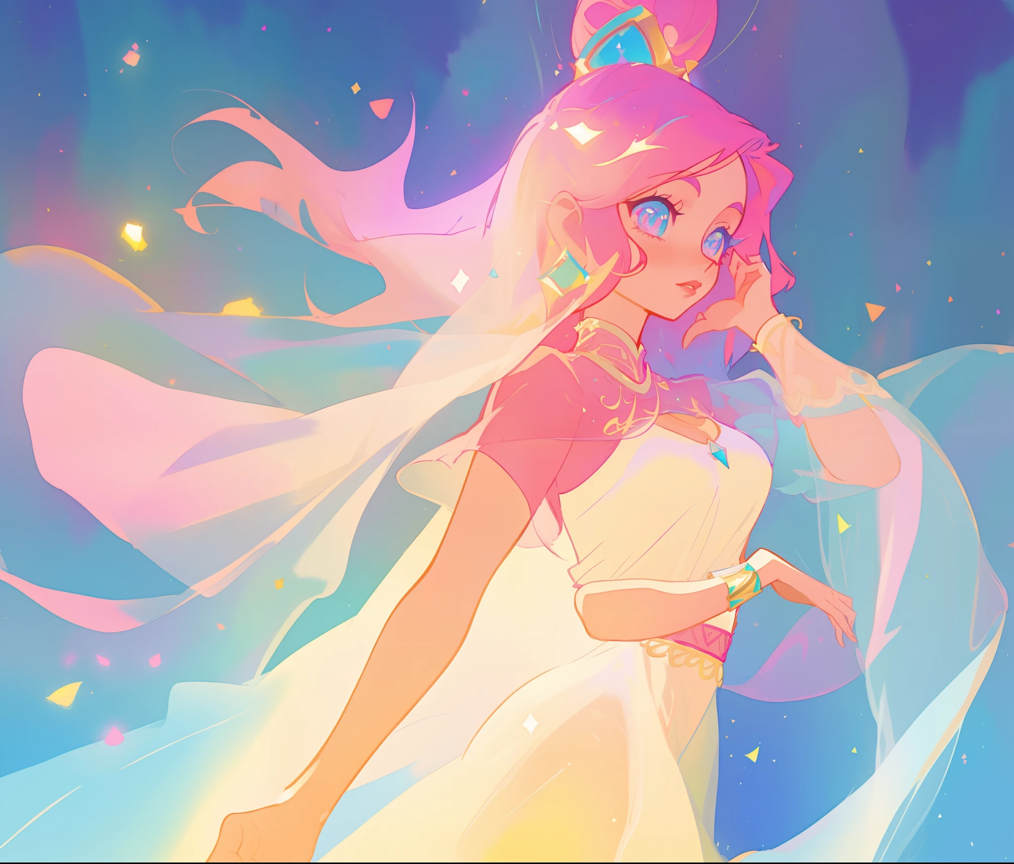 beautiful girl in white arabian dress, (arabian princess), (arabian dancer), (fantasy arabian dress), intricate dress design, long colorful sparkling pink hair, watercolor illustration, Lois van Baarle, glowing aura around her, Glen Keane, jen bartel, glowing hair, beautiful digital illustration, fantasia background, beautiful, masterpiece, best quality, anime disney style, (detailed eyes), golden ratio, perfect composition, (beautiful arms, perfect hands, perfect anatomy)