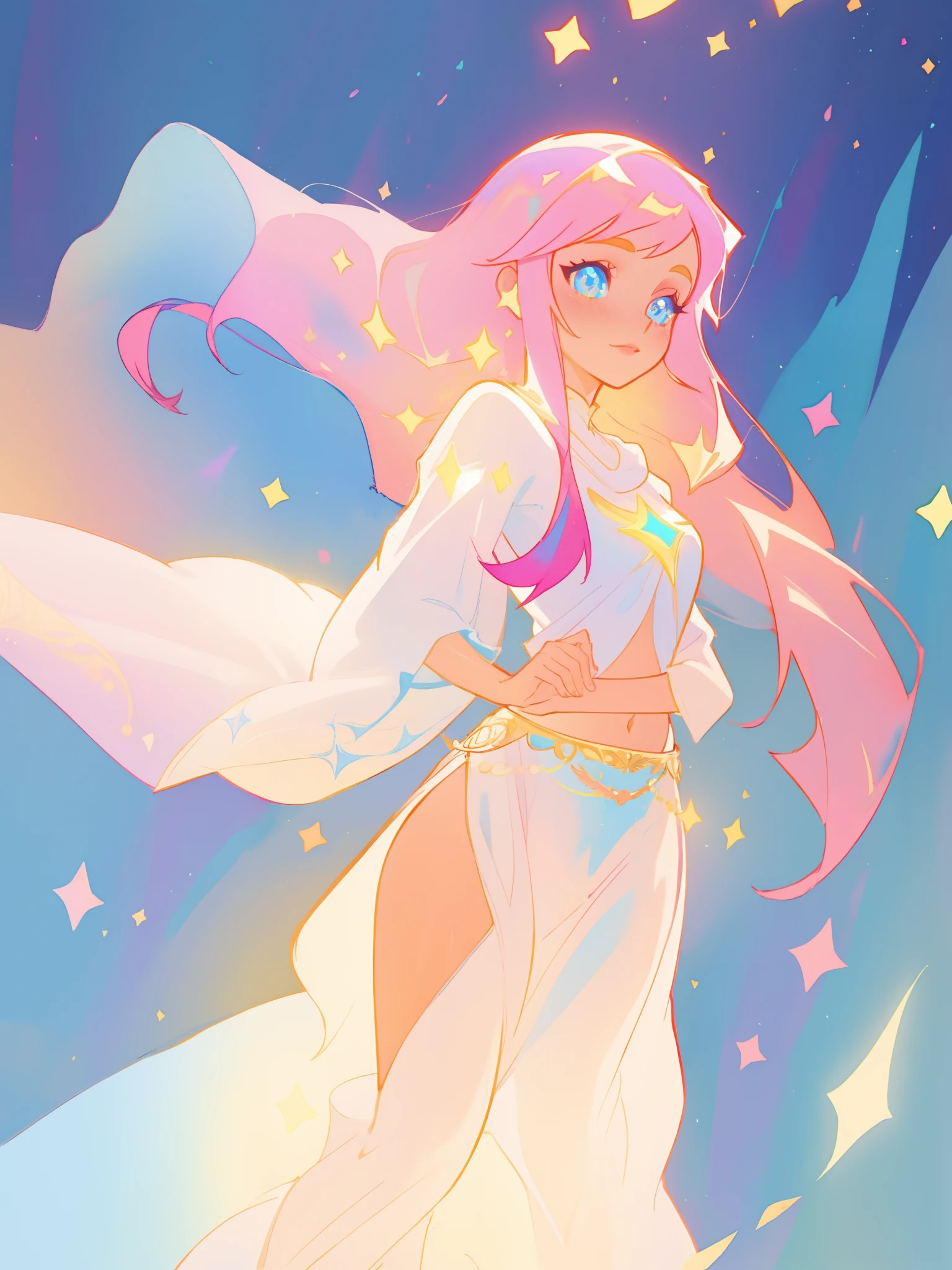 beautiful girl in white arabian two-piece dress, (arabian princess), (arabian dancer), (fantasy arabian dress),long colorful sparkling pink hair, watercolor illustration, Lois van Baarle, glowing aura around her, Glen Keane, jen bartel, glowing hair, beautiful digital illustration, fantasia background, beautiful, masterpiece, best quality, anime disney style, (detailed eyes), golden ratio, perfect composition