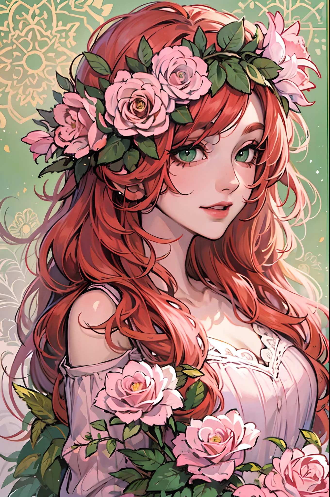 beautiful, redhead, long hair, side part hairstyle, dark green eyes, flower crown, pink roses