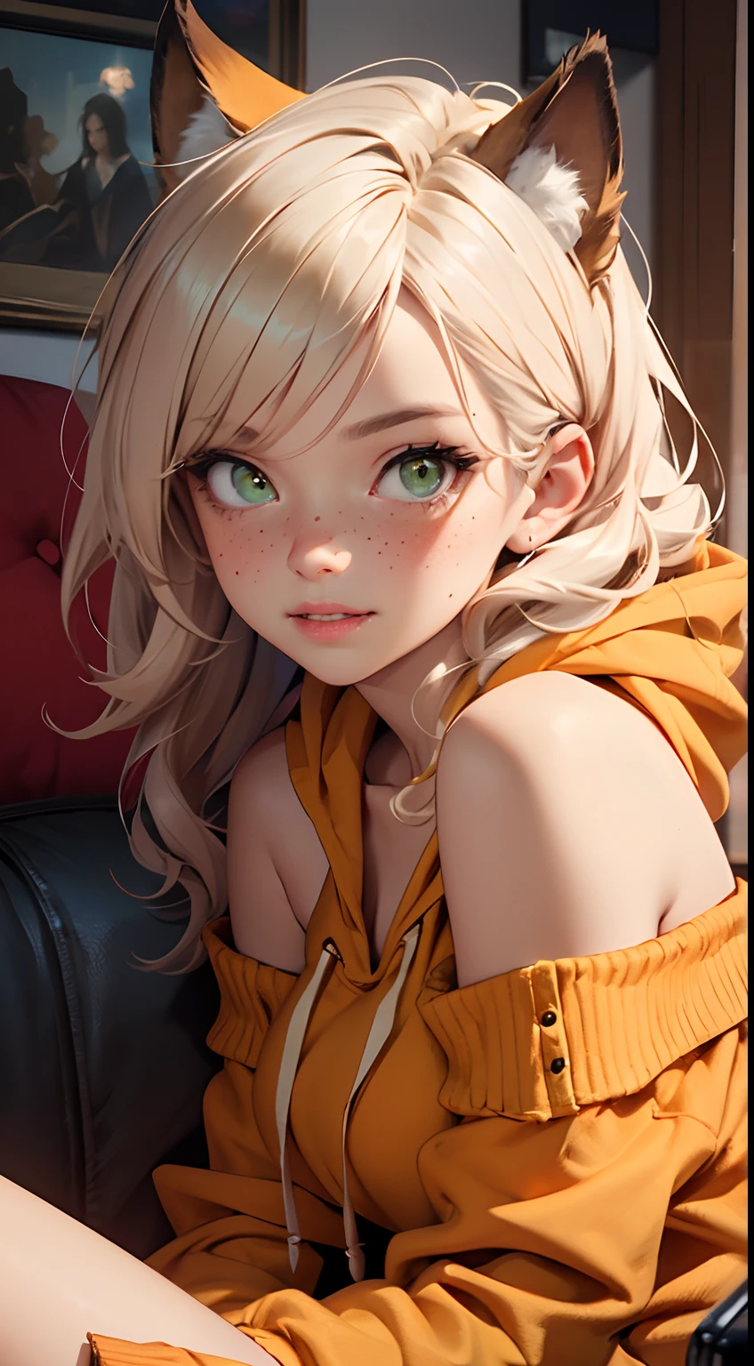(masterpiece:1.5, best quality:1.5, absurdres), ultra-detailed, perfect anatomy, (hand reference anatomy:1), correct anatomy, 4K, 8K, realistic, detailed face, photorealistic 

beautiful woman, extremely long dark hair, fox ears, wild hair, detailed hair, sparkling yellow eyes, eyelashes, blushing, freckles, glossy lips,  parted lips, smirk, small breasts, green eyes

orange dress off shoulder hoodie

on a couch, depth of field, long shot, low viewer angle, girlfriend