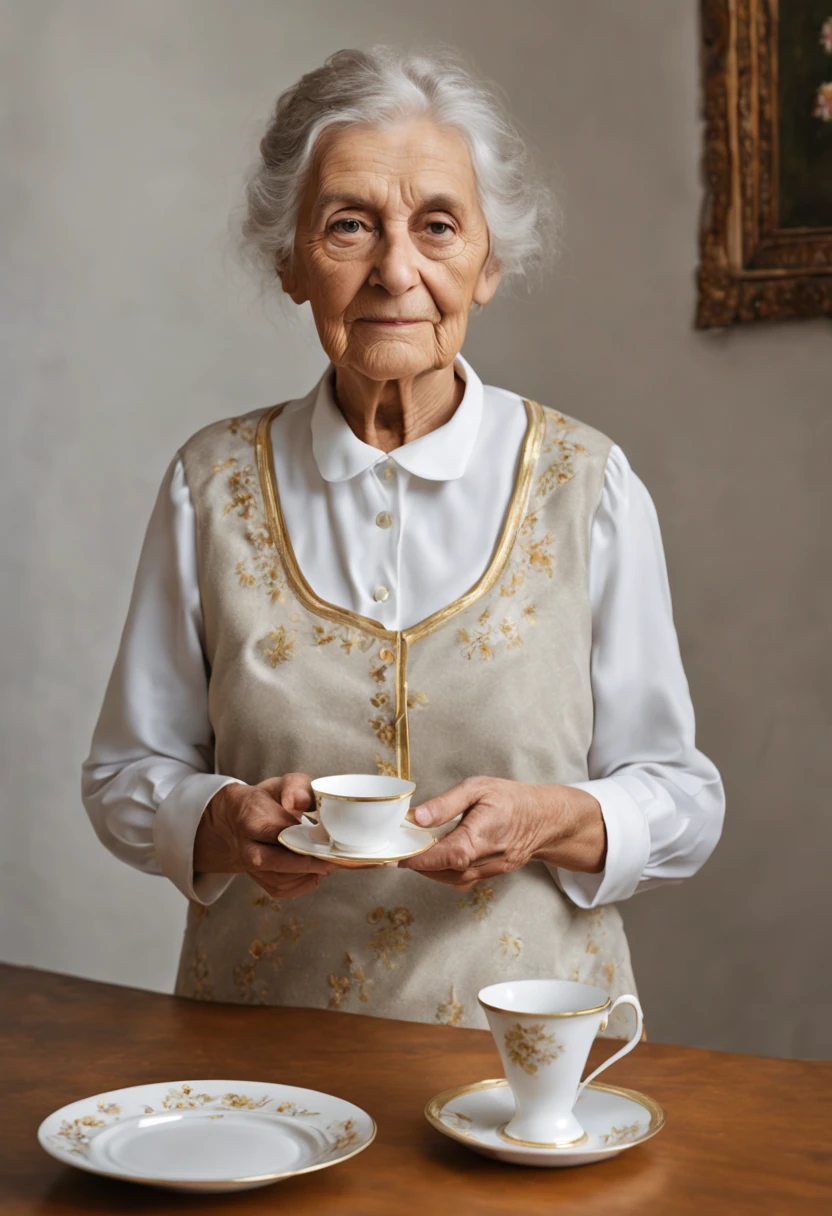 1 girl, old woman, 70 years old, standing up holding a white porcelain gold rimmed cup with saucer, the cup has white with a little gold on the rim, also a flower photo printed on the cup, the cup an saucer are traditional, full body front, natural breast, vibrant eyes, realistic photograph, natural lighting, (best quality,4k,8k,highres,masterpiece:1.2),ultra-detailed,(realistic,photorealistic,photo-realistic:1.37),