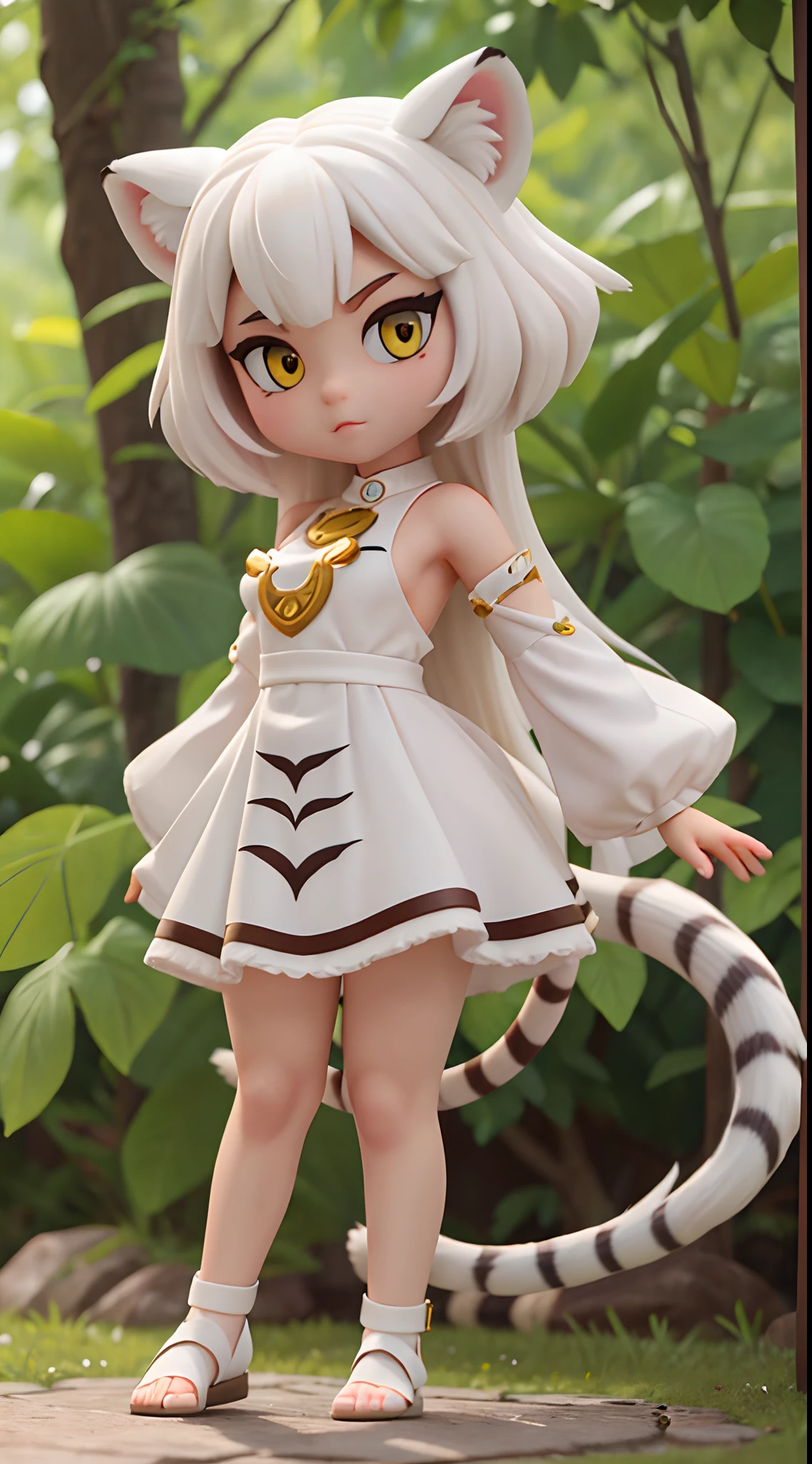 She is very beautiful because she is a white tiger beastman、white and beautiful skin、Yellow eyes、Big eyes、Hairless labia、Tiger tail、tchibi、Mega Mini、Megachibi、