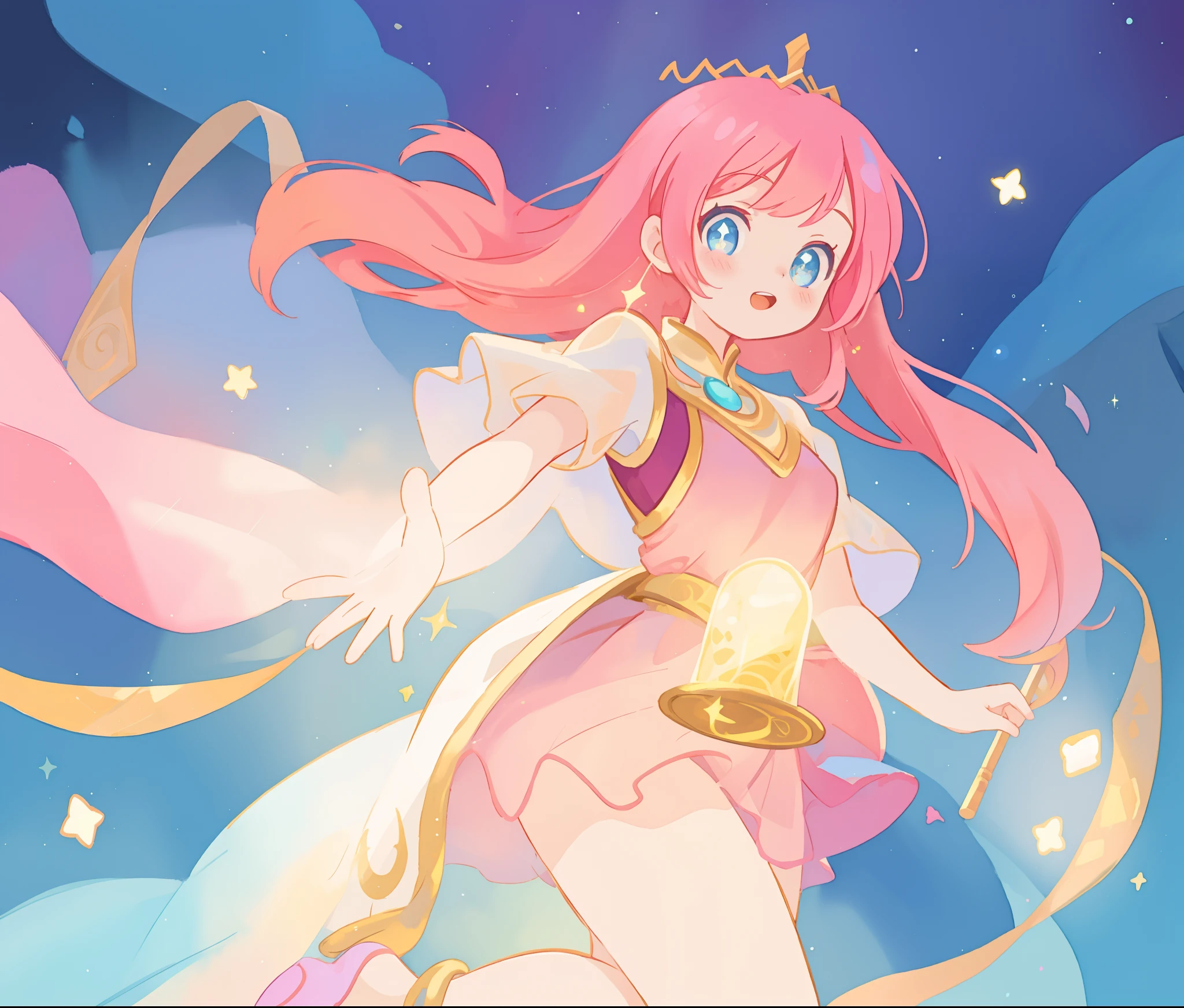 beautiful girl in white arabian two-piece dress, (arabian princess), (arabian dancer), (fantasy arabian dress),long colorful sparkling pink hair, watercolor illustration, Lois van Baarle, glowing aura around her, Glen Keane, jen bartel, glowing hair, beautiful digital illustration, fantasia background, beautiful, masterpiece, best quality, anime disney style, (detailed eyes), golden ratio, perfect composition
