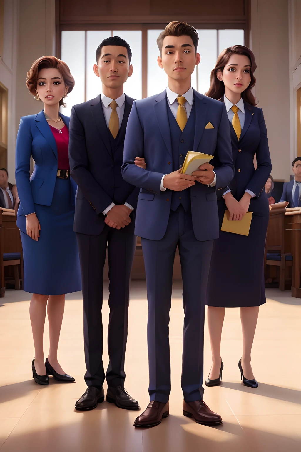 Cartoon characters of a man and a woman in business attire standing in a courtroom, imagem promocional do filme, arte promocional, Arte Oficial, arte chave, official illustration, promotional render, cg arte, fanart oficial, terno dourado azul, Anime de hoje ainda em destaque, promocional ainda, tomada em 2 0 2 0, promocional ainda grande angular, official rendering, bem - vestido, imagem promocional