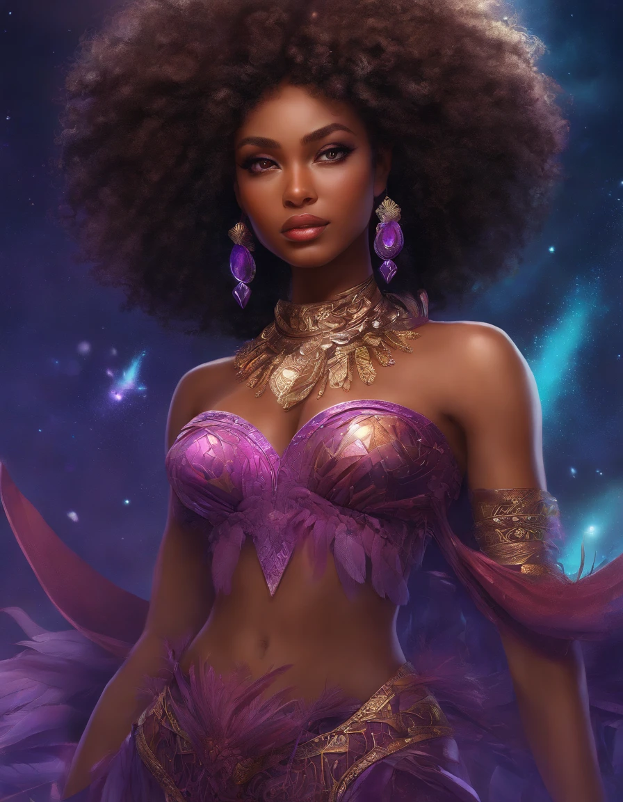 ((masterpiece, ultra-detailed, 48k Cinematography, HDR)) ((Afro-caribbean Dark-skinned female in fringe and feathers)), purple outfit, hourglass physique,thick, alluring, , heart hips, long, toned legs. feathered and fringe woman remaking the universe step by step.:: official art, beautiful and aesthetic, high paced, action packed, ((masterpiece, ultra-detailed, highly detailed)) ( full body, (split pov), ( sense of depth, depth of field, ), anime splash-art, , movie scene, afrofuturistic , depth of field, dynamic angle, scenery, dramatic lighting, volumetric lighting