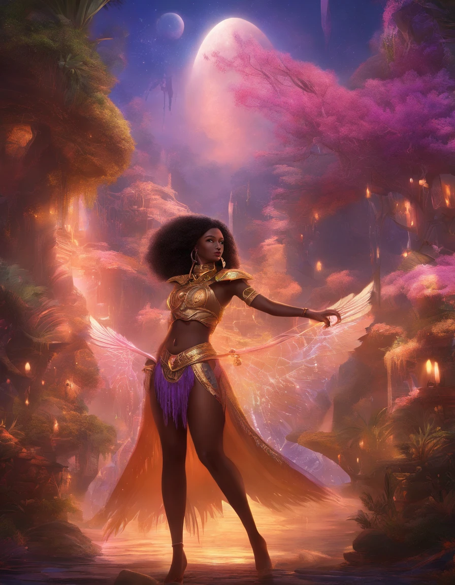 ((masterpiece, ultra-detailed, 48k Cinematography, HDR)) ((Afro-caribbean Dark-skinned female in fringe and feathers)), purple outfit, hourglass physique,thick, alluring, , heart hips, long, toned legs. feathered and fringe woman remaking the universe step by step.:: official art, beautiful and aesthetic, high paced, action packed, ((masterpiece, ultra-detailed, highly detailed)) ( full body, (split pov), ( sense of depth, depth of field, ), anime splash-art, , movie scene, afrofuturistic , depth of field, dynamic angle, scenery, dramatic lighting, volumetric lighting