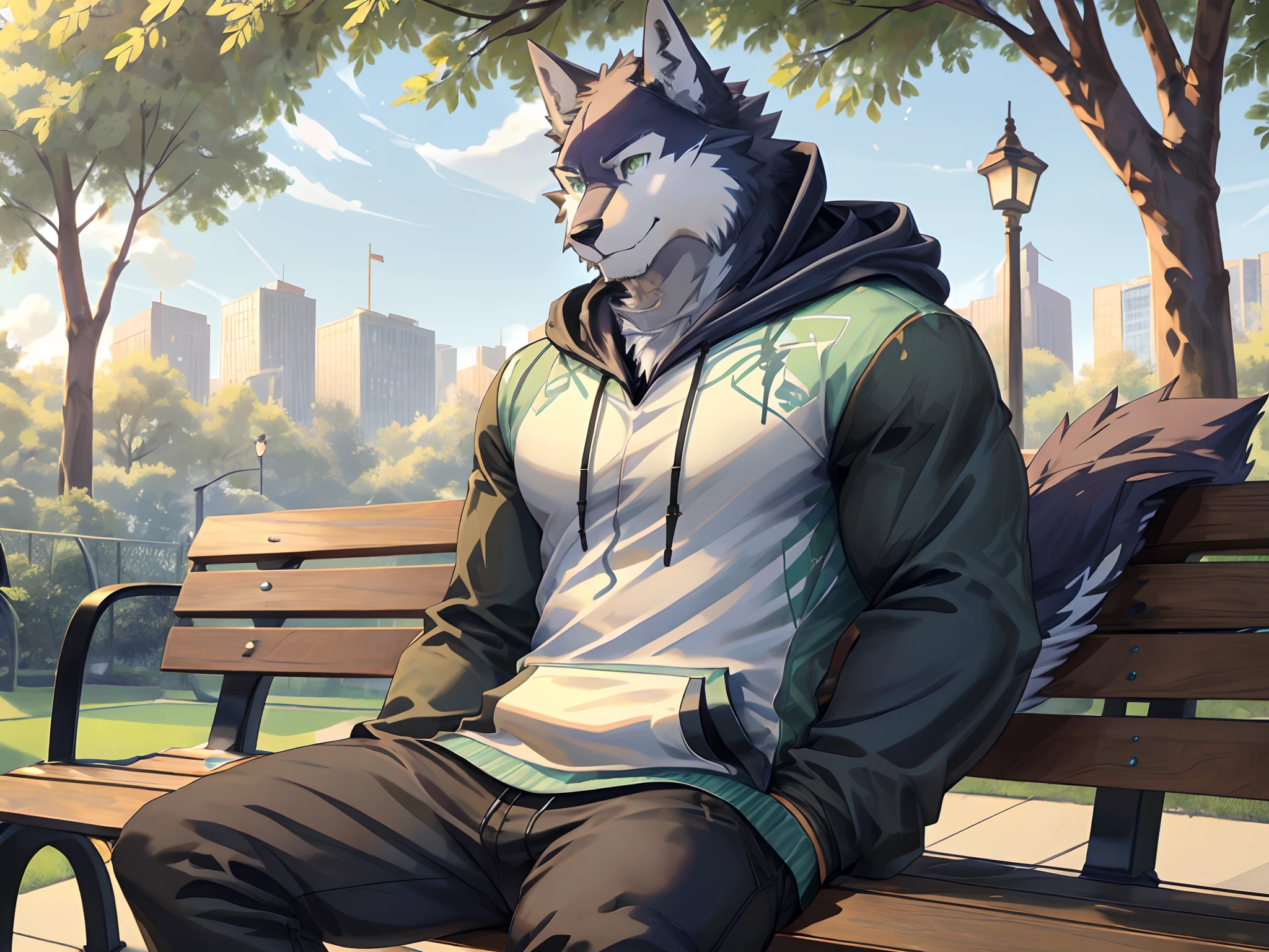 Best quality, Solo, Shoichi Urata, Furry Wolf, Dark Fur, Green eyes, Medium Muscular Body, Handsome, Good Looking, Hoodie, Casual shirt, Cool Pose, Fierce, Smiling, Sitting, Bench, Park Background.