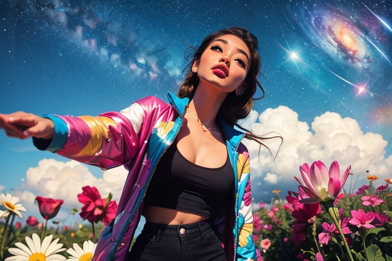 Beautiful face, beautiful body, Girl standing in the clouds staring up as the stars, stars floating around her, brilliant colors, amazing swirls of cosmic dust, colorful vibrant, light particles, Create digital artwork in the Pop Art style, Featuring a vibrant and confident young Asian girl,street fashion (breast), Movie color scheme, Surrounded by vintage flower motifs, Vibrant brushstrokes,Emotions should be dynamic, Upper body, Drawing, illustration, escala cinza, tropical, Many flowers,