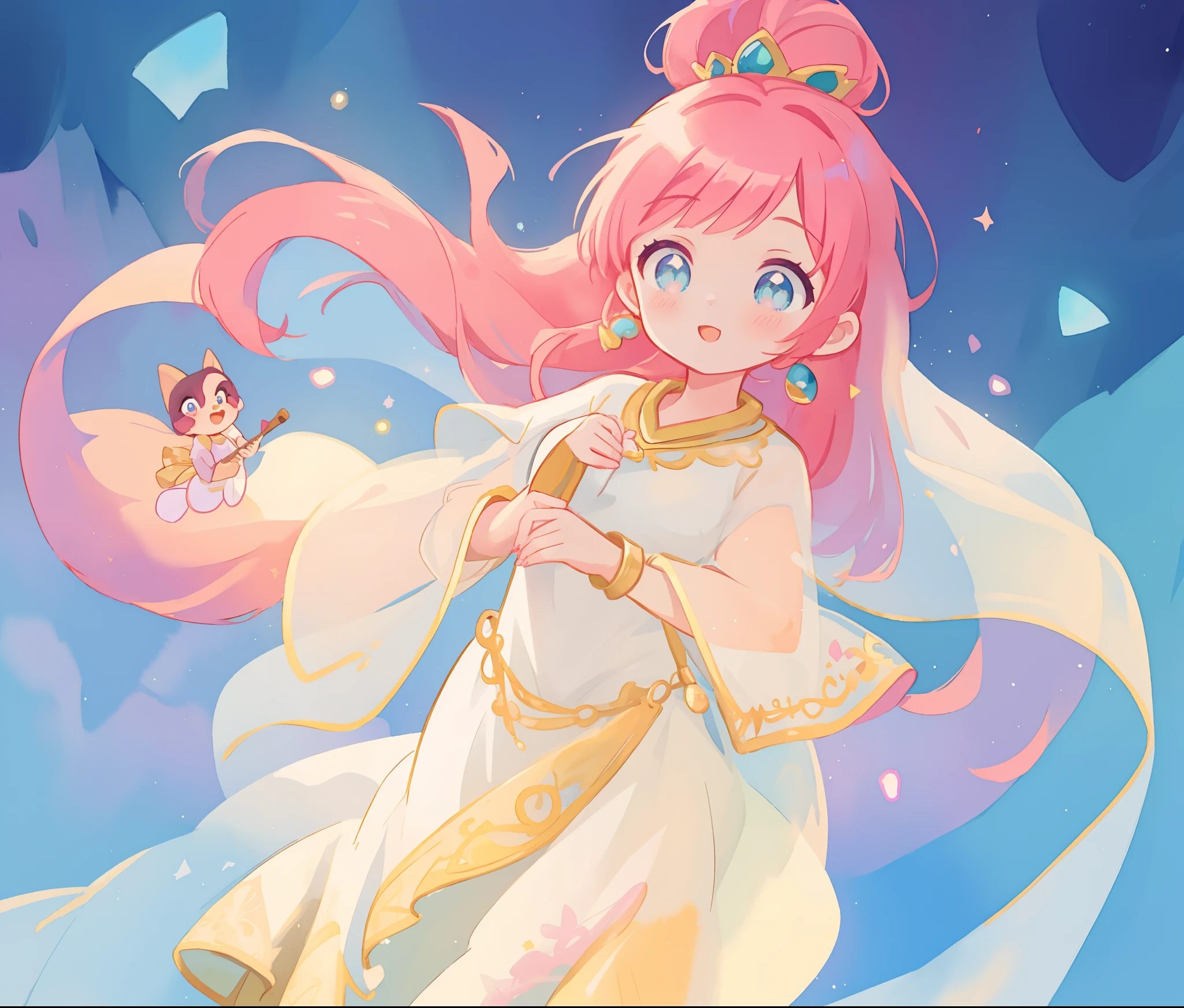 beautiful girl in white arabian two-piece dress, (arabian princess), (arabian dancer), (fantasy arabian dress),long colorful sparkling pink hair, watercolor illustration, Lois van Baarle, glowing aura around her, Glen Keane, jen bartel, glowing hair, beautiful digital illustration, fantasia background, beautiful, masterpiece, best quality, anime disney style, (detailed eyes), golden ratio, perfect composition