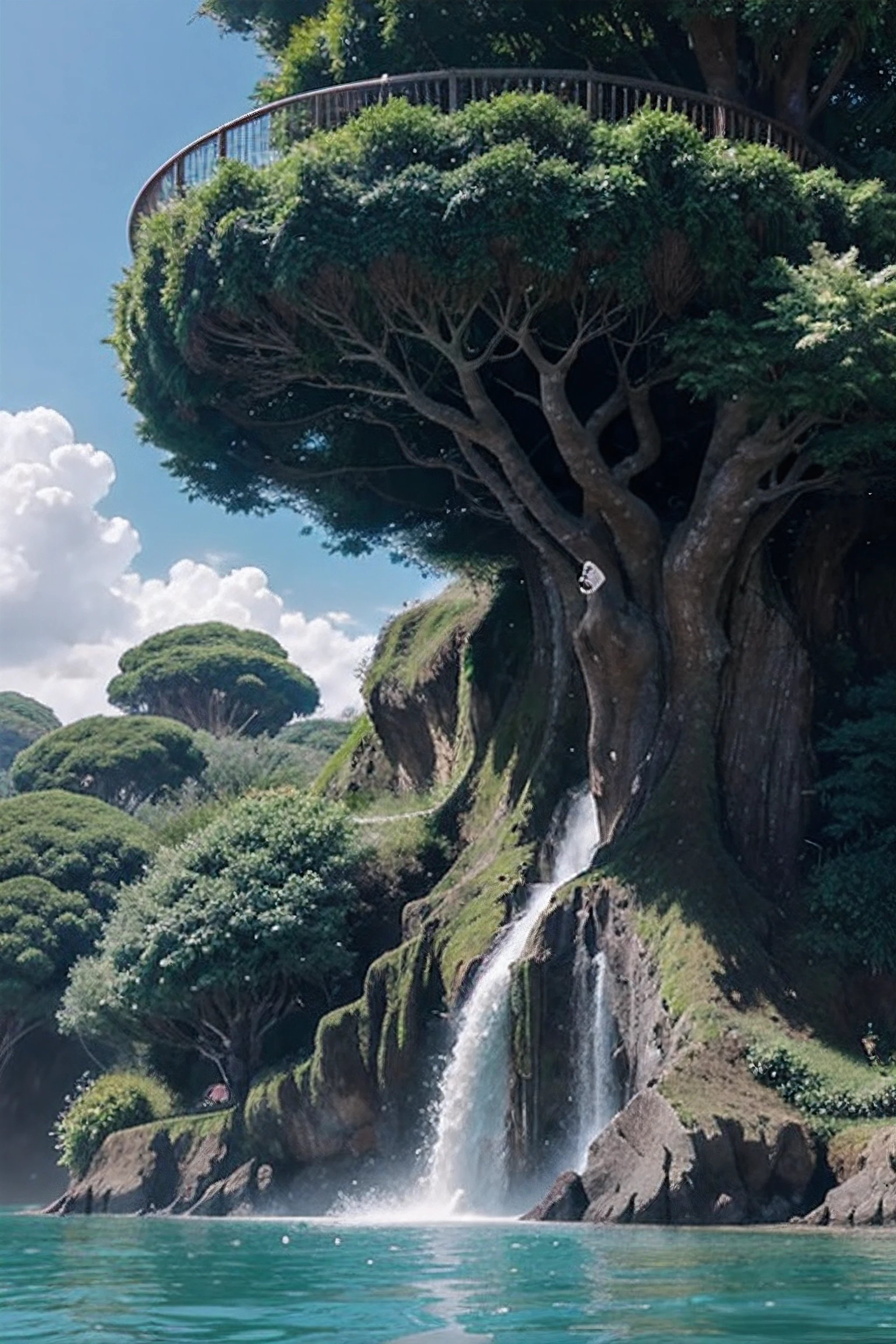 arvore gigante isolada com aguas correntes , anime , fantasia