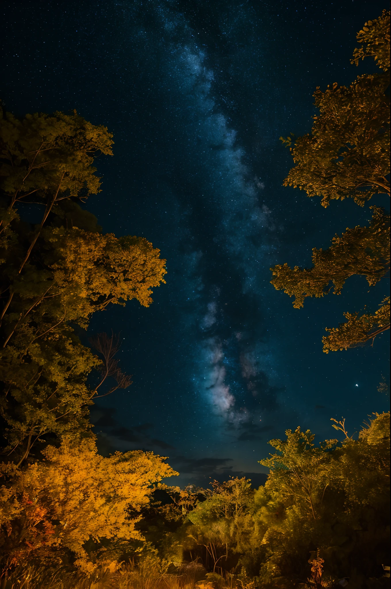 professional photoshooting,Tropical forest pictures,Late afternoon,Orange light,starrysky,Black clouds,globalillumination, CG-level lighting rendering,low-contrast, (best qualtiy),tmasterpiece,8K wallpaper quality,List of Utria , Cinematic