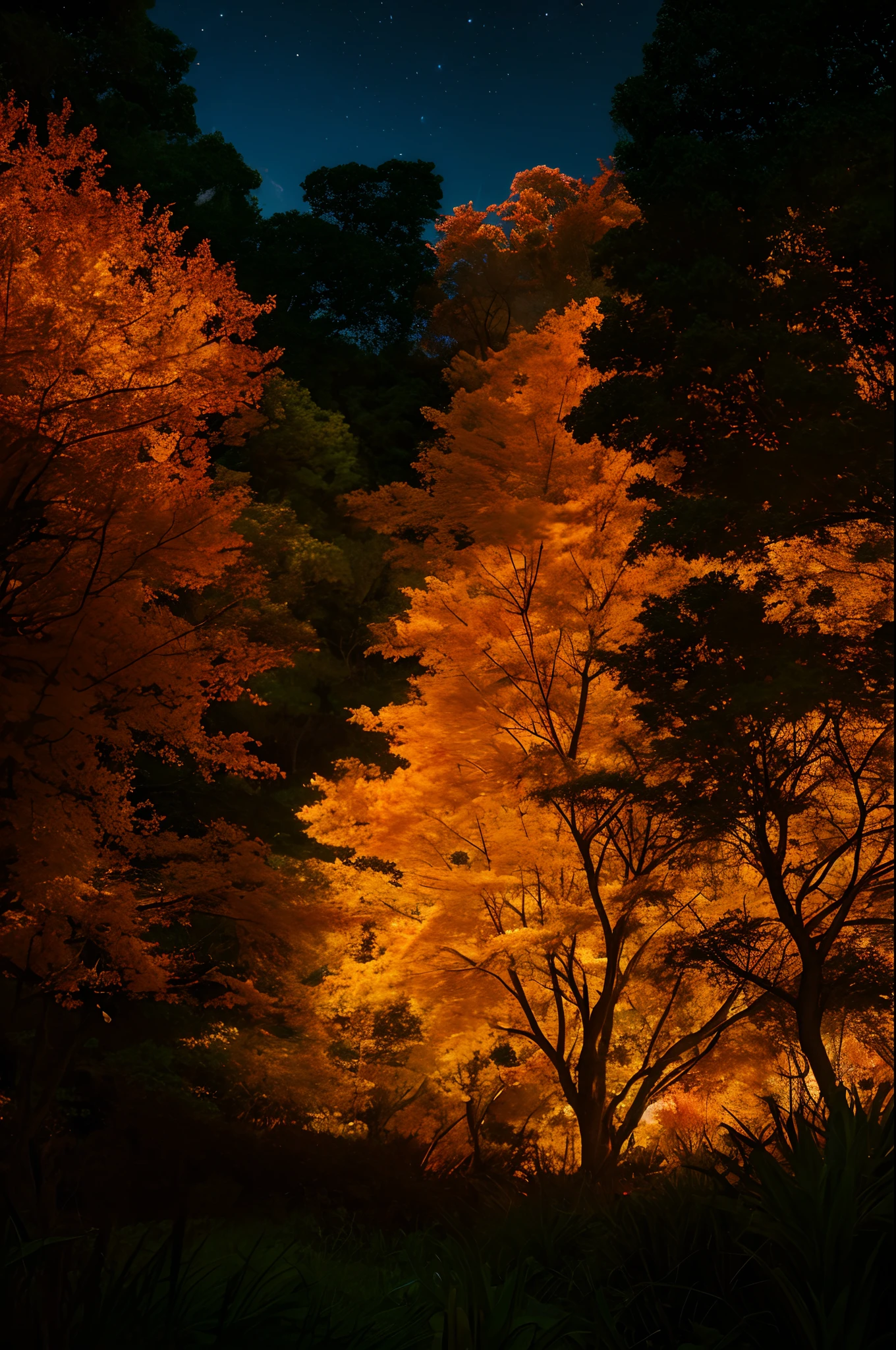 professional photoshooting,Tropical forest pictures,Late afternoon,Orange light,starrysky,Black clouds,globalillumination, CG-level lighting rendering,low-contrast, (best qualtiy),tmasterpiece,8K wallpaper quality,List of Utria , Cinematic