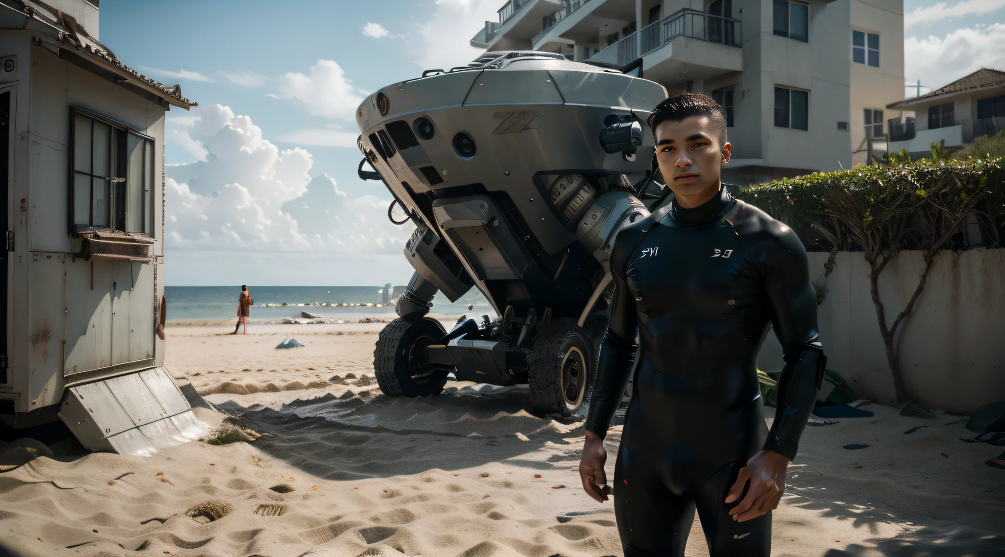 RAW, Masterpiece, Super Fine Photo, Ultra High Resolution, Photorealistic, Sunlight, Full Body Portrait, latino hispanic young man wearing a full body, black and yellow wetsuit, slight manly buldge, black hair with blonde highlights, cyberpunk hairstyle, serious face, standing on a sandy beach facing the ocean witnessing a robot shark invasion, cybernetically enhanced, pigeoncore, neo-dadaist, mechanized precision, people swimming in the ocean, boats floating, people playing volleyball on the beach, children building sand castle in the background, swimming in the water, in the style of mecha sci-fi anime, 8k, best quality, highres,Ultra-realistic 64K CG, Photorealista:1.4, Skin Texture:1.4, Volumetric fog, 8k uhd, dslr, high quality, film grain, fair skin, photorealism, lomography, translucent