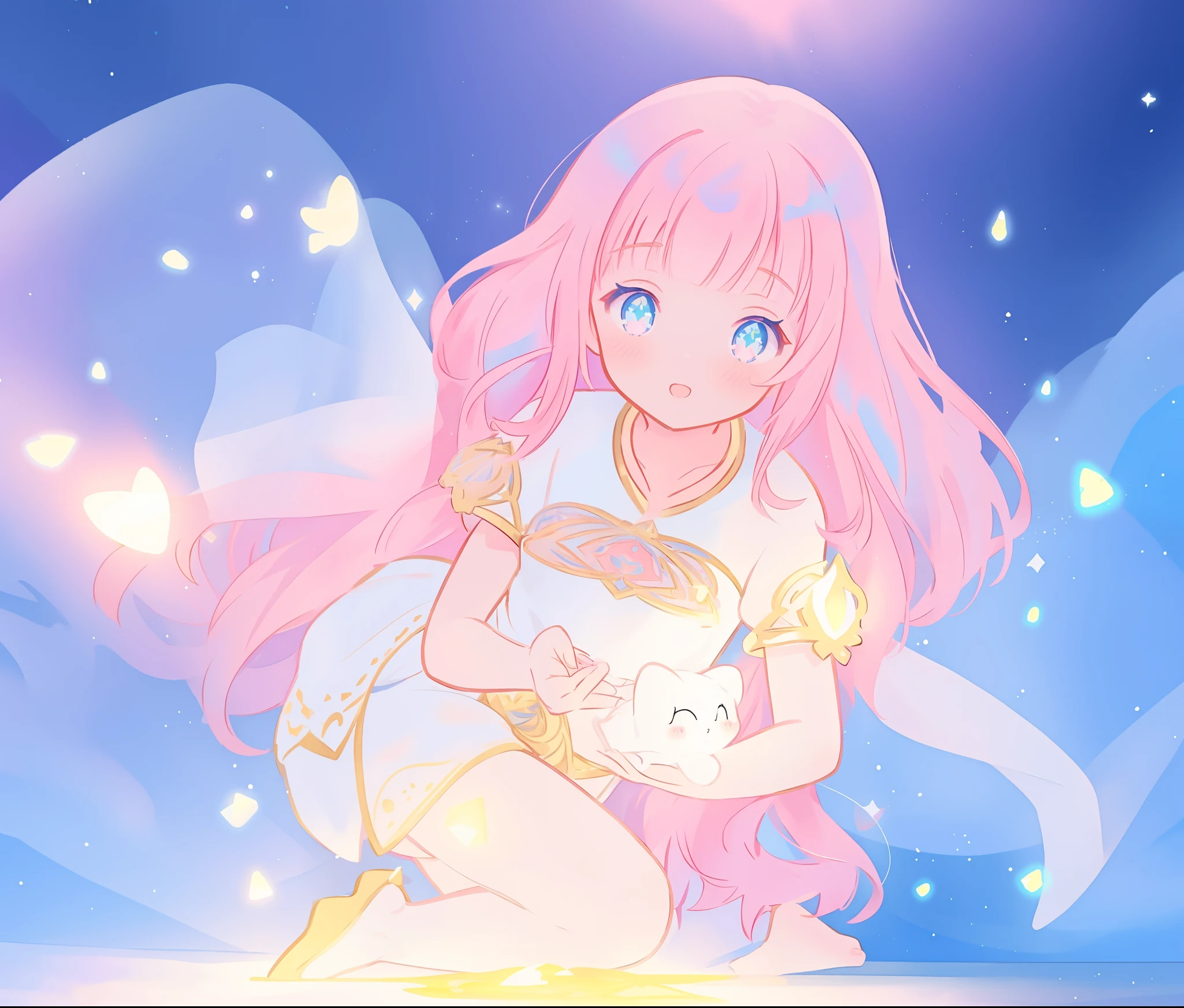 beautiful girl in white arabian dancer dress, arabian princess, arabian dress, long colorful sparkling pink hair, watercolor illustration, Lois van Baarle, glowing aura around her, Glen Keane, jen bartel, glowing hair, beautiful digital illustration, fantasia background, beautiful, masterpiece, best quality, anime disney style, (detailed eyes), golden ratio, perfect composition, (perfect anatomy)