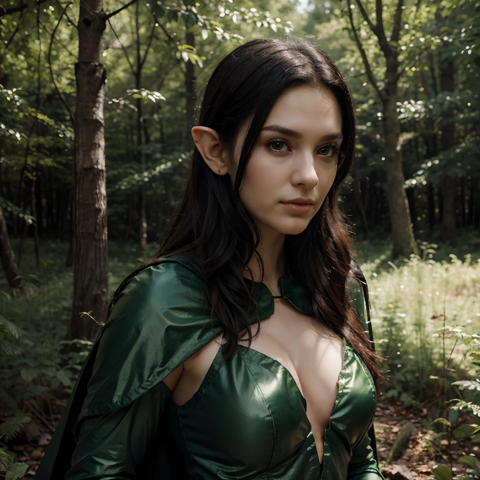 beautiful forest elf, pretty face, nice body, black hair, wearing armor, green cape, in a forest, 8k, extremely detailed, ultra realistic