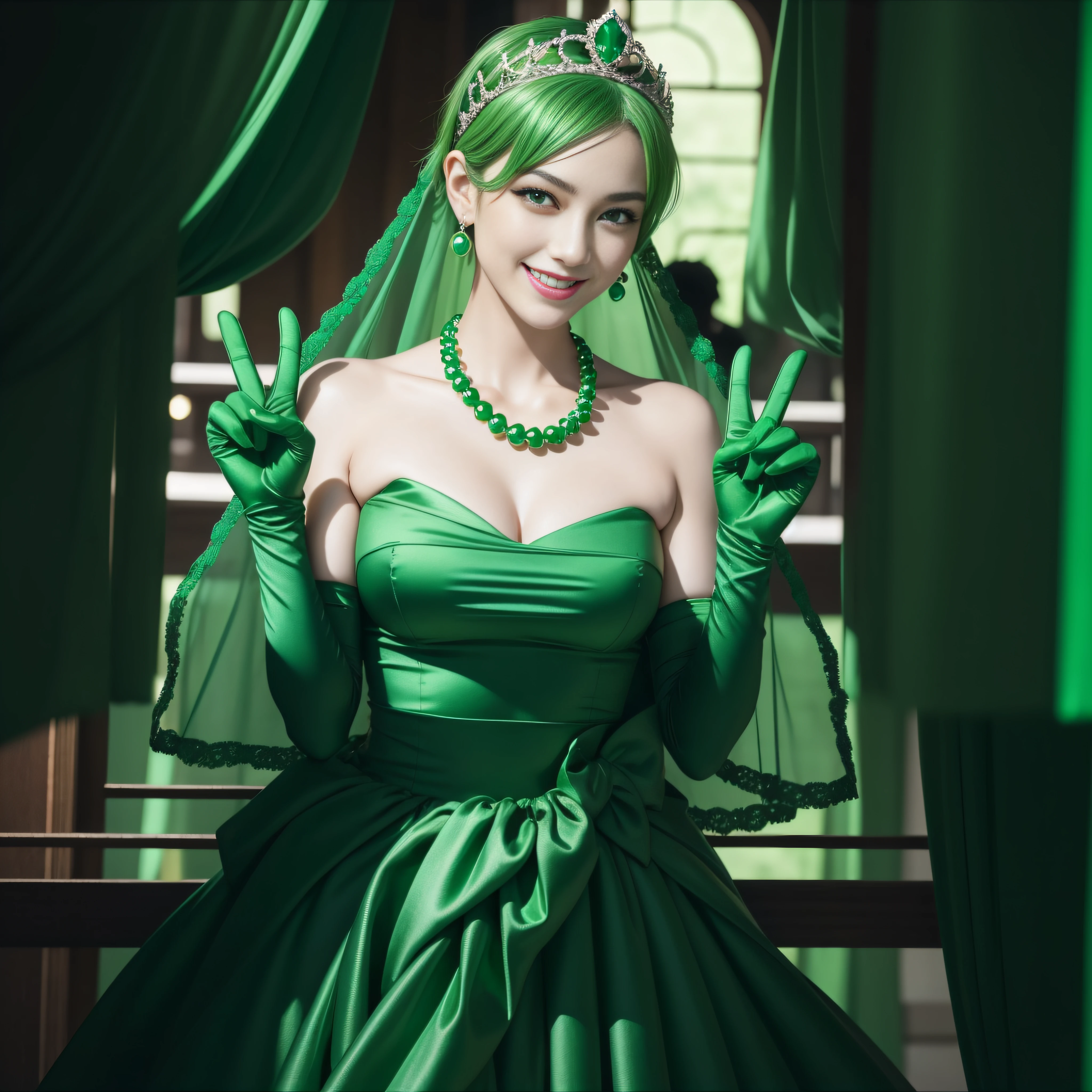 emerald tiara, Green Pearl Necklace, Boyish very short green hair, lipsticks, Japan woman smiling, very short short hair, big breasts beautiful, Green eyes, Long green gloves made of satin material, Green eyes, v sign,V-sign with both hands, Emerald Earrings