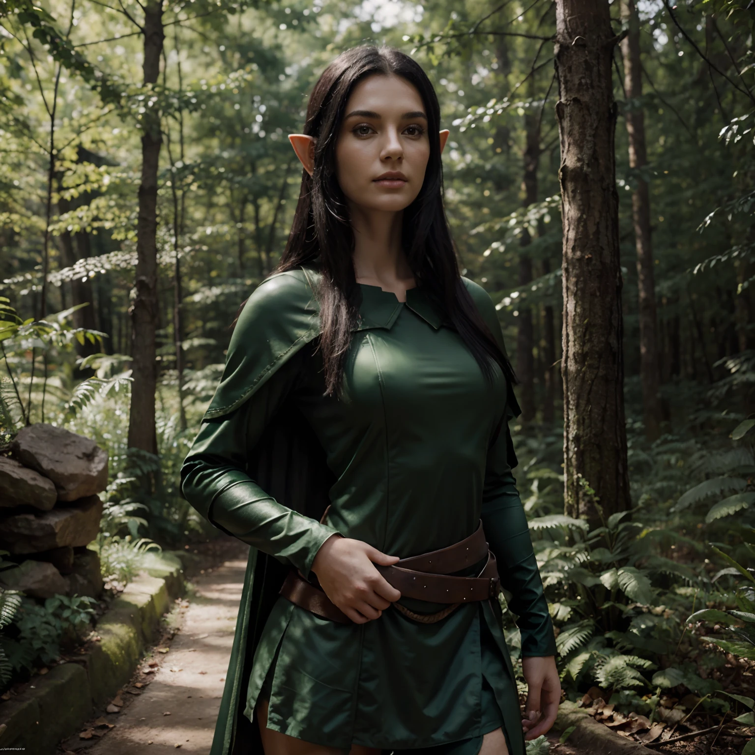beautiful forest elf, pretty face, nice body, black hair, wearing armor, green cape, in a forest, 8k, extremely detailed, ultra realistic