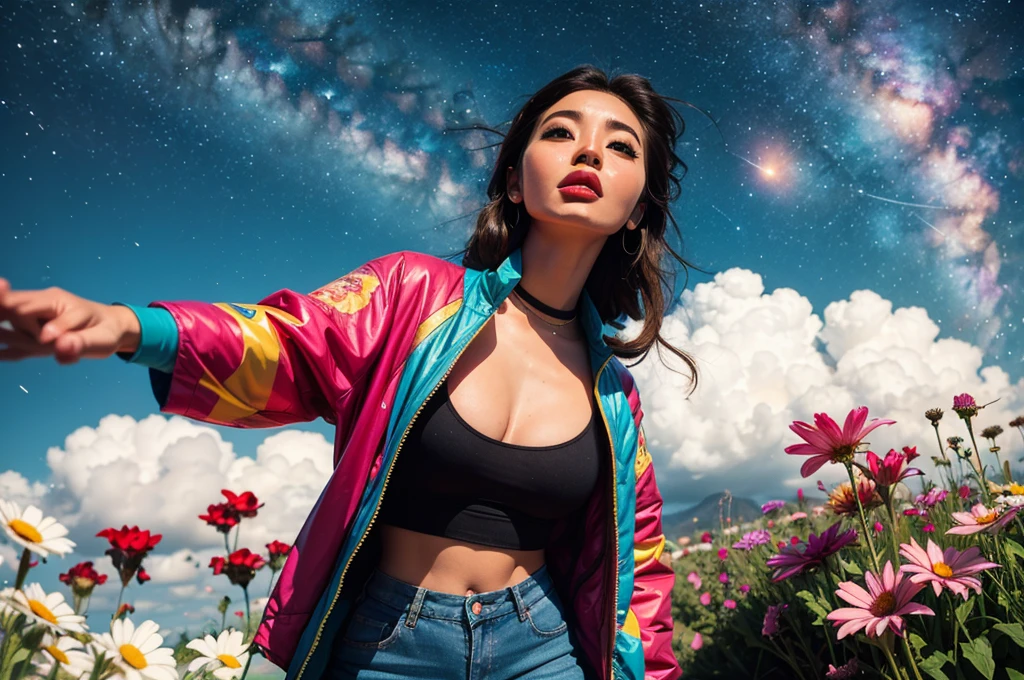 Beautiful face, beautiful body, Girl standing in the clouds staring up as the stars, stars floating around her, brilliant colors, amazing swirls of cosmic dust, colorful vibrant, light particles, Create digital artwork in the Pop Art style, Featuring a vibrant and confident young Asian girl,street fashion (breast), Movie color scheme, Surrounded by vintage flower motifs, Vibrant brushstrokes,Emotions should be dynamic, Upper body, Drawing, illustration, escala cinza, tropical, Many flowers,