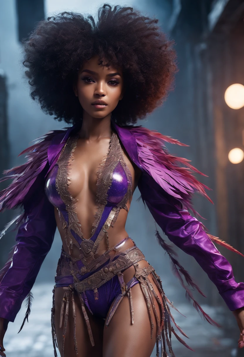 ((masterpiece, ultra-detailed, 48k Cinematography, HDR)) ((Afro-caribbean Dark-skinned female in fringe and feathers)), purple outfit, hourglass physique,thick, alluring, , heart hips, long, toned legs. feathered and fringe woman remaking the universe step by step.:: official art, beautiful and aesthetic, high paced, action packed, ((masterpiece, ultra-detailed, highly detailed)) ( full body, (split pov), ( sense of depth, depth of field, ), anime splash-art, , movie scene, afrofuturistic , depth of field, dynamic angle, scenery, dramatic lighting, volumetric lighting