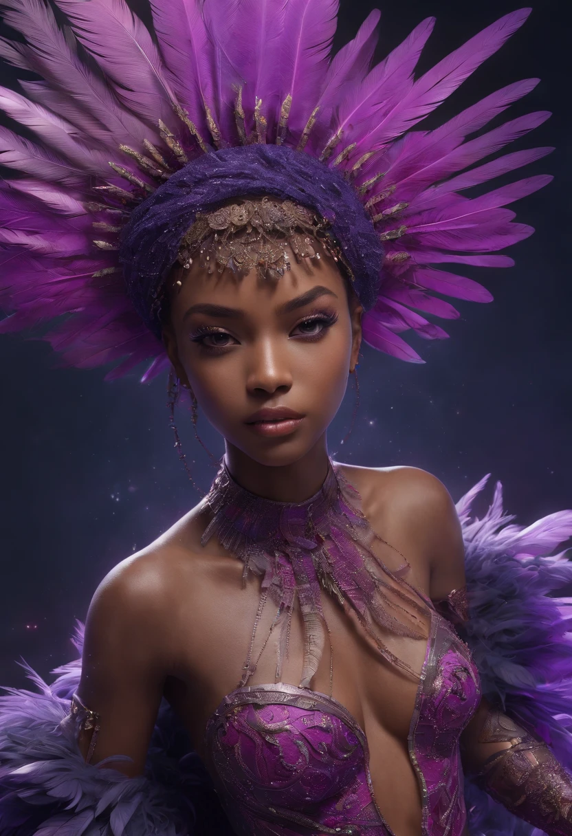 ((masterpiece, ultra-detailed, 48k Cinematography, HDR)) ((Afro-caribbean Dark-skinned female in fringe and feathers)), purple outfit, hourglass physique,thick, alluring, , heart hips, long, toned legs. feathered and fringe woman remaking the universe step by step.:: official art, beautiful and aesthetic, high paced, action packed, ((masterpiece, ultra-detailed, highly detailed)) ( full body, (split pov), ( sense of depth, depth of field, ), anime splash-art, , movie scene, afrofuturistic , depth of field, dynamic angle, scenery, dramatic lighting, volumetric lighting