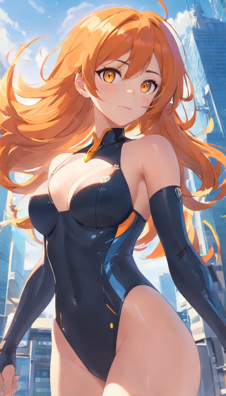 masterpiece、top-quality、1 female、Orange hair、huge tit、Big ass、black rubber suit、yellow eyes、thick thighs、Wavy hair、wide hips、Thigh muscles、(Spark:0.7)、musculature、abdominals