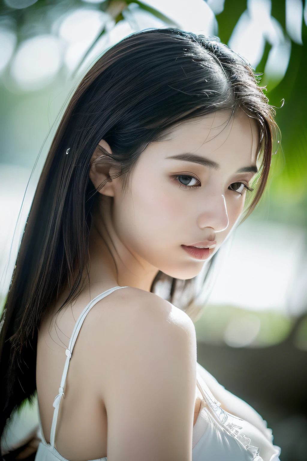 ((top quality, 8k, masterpiece: 1.3)), women (full body portrait, front, babydoll wearing, wet clothes, big breasts, cleavage), tropical beach, swimsuit, sexy pose,overhead camera, sharp focus: 1.2, cute women: 1.4, (((hairstyle random)), wet hair, very detailed face and skin and hair texture, detailed eyes, double eyelids, white skin, beautiful delicate nose, Cute young Japan woman, 28 years old, at a dynamic angle, is pleasing to the eye and suggestive composition, emphasizing the subject's hair, eyes, mouth and action, while exuding melancholy emotions characterized by a contrasting mix of muted tones and light and shadow,