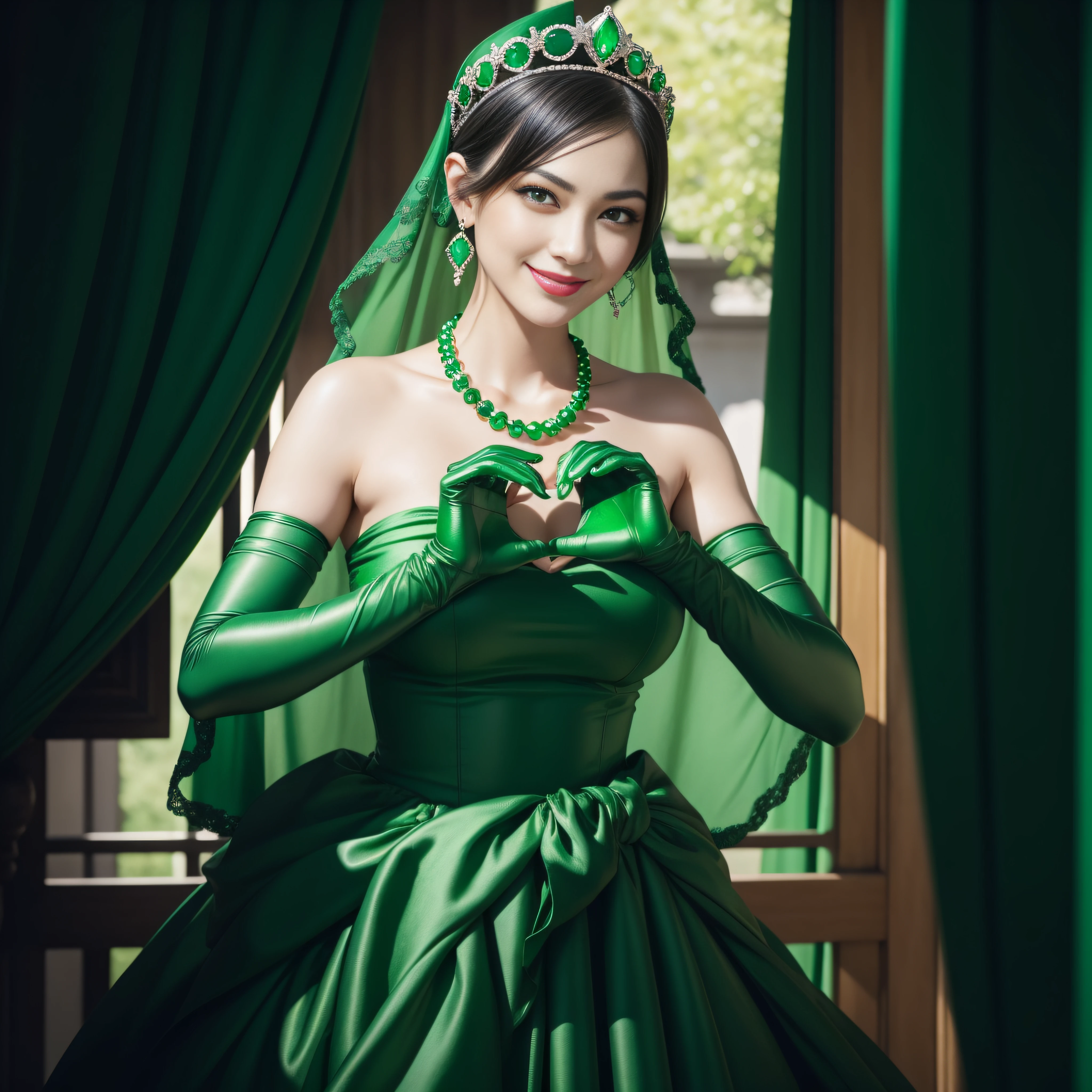 emerald tiara, Green Pearl Necklace, Boyish very short black hair, lipsticks, Japan woman smiling, very short short hair, big breasts beautiful, Green eyes, Long green gloves made of satin material, Green eyes, Emerald Earrings, green vale, Heart with both hands