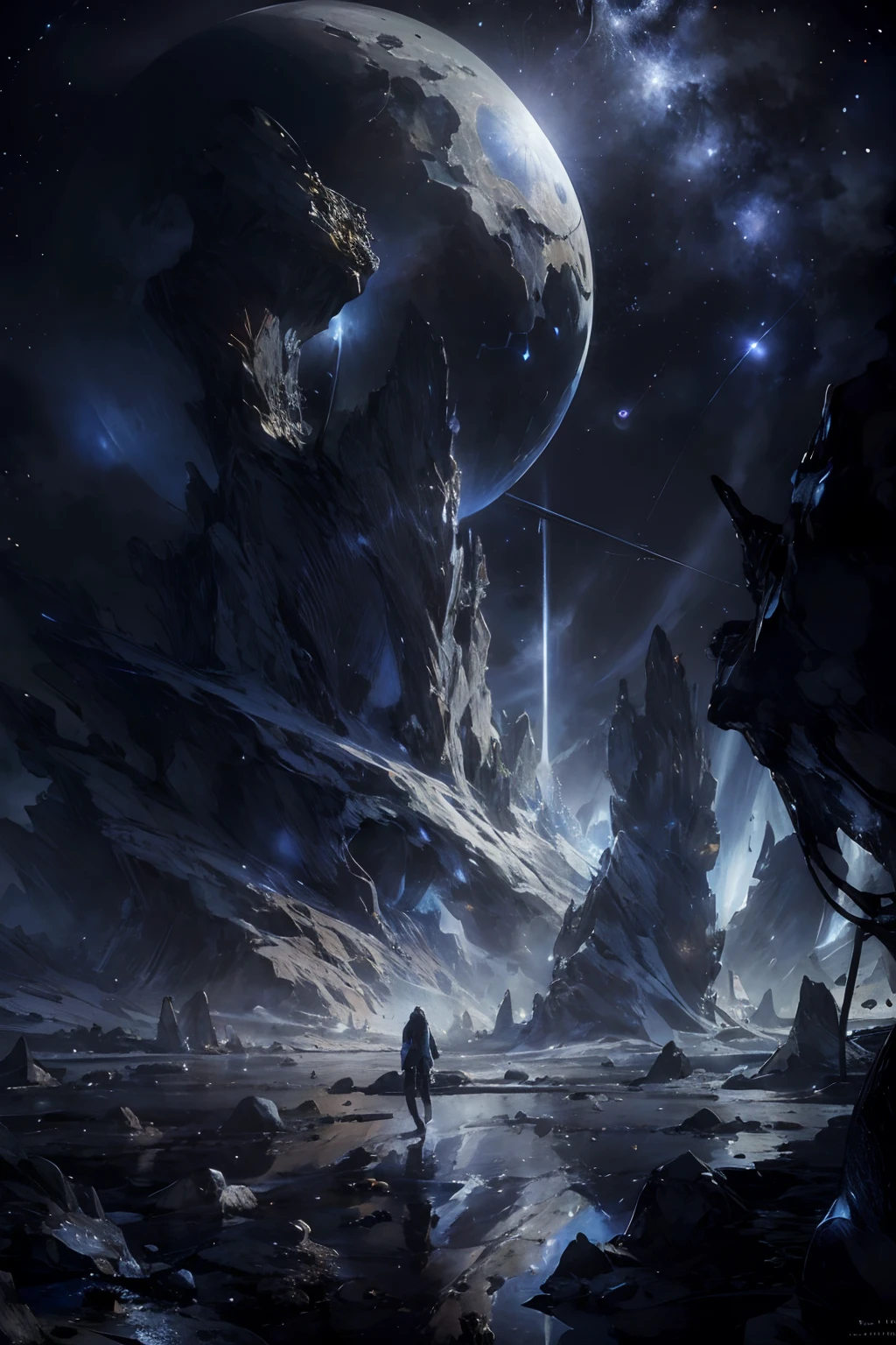 Draw a young female explorer, standing on a research platform floating in the middle of a futuristic asteroid belt, turn her back on viewers , from behind,surrounded by several asteroid meteor showers glowing with fiery cosmic auras BREAK Dramatic cinematic lighting from distant shooting stars and planets illuminates the scene, casting deep shadows on the suit, looking at the vast and mysterious cosmic psychedelic universe with wonder and respect,BREAK,Detailed,Realistic,4k highly detailed digital art,octane render, bioluminescent, BREAK 8K resolution concept art, realism,by Mappa studios,masterpiece,best quality,official art,illustration,ligne claire,(cool_color),perfect composition,absurdres, fantasy,focused,rule of thirds