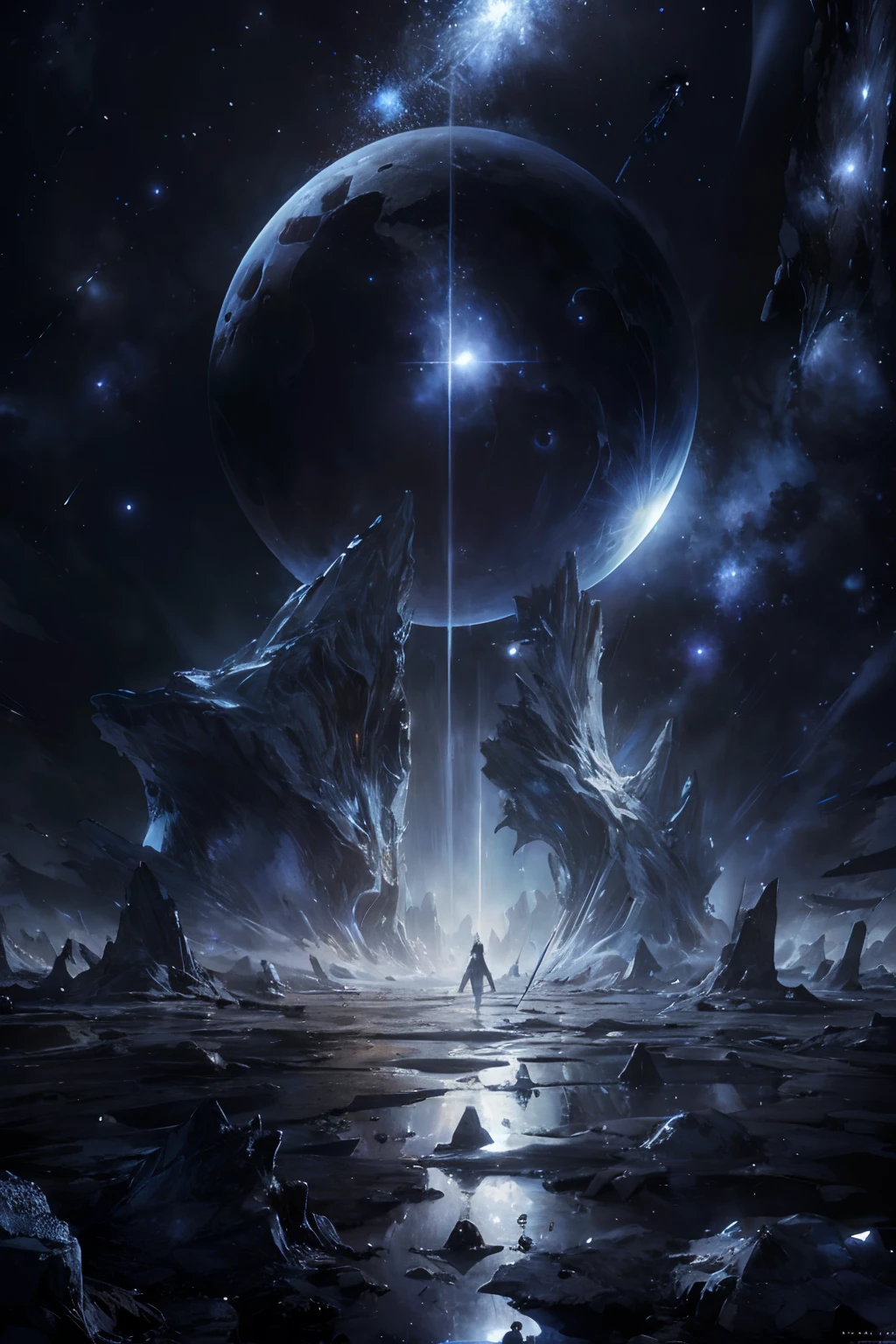 Draw a young female explorer, standing on a research platform floating in the middle of a futuristic asteroid belt, turn her back on viewers , from behind,surrounded by several asteroid meteor showers glowing with fiery cosmic auras BREAK Dramatic cinematic lighting from distant shooting stars and planets illuminates the scene, casting deep shadows on the suit, looking at the vast and mysterious cosmic psychedelic universe with wonder and respect,BREAK,Detailed,Realistic,4k highly detailed digital art,octane render, bioluminescent, BREAK 8K resolution concept art, realism,by Mappa studios,masterpiece,best quality,official art,illustration,ligne claire,(cool_color),perfect composition,absurdres, fantasy,focused,rule of thirds