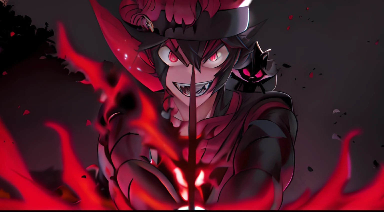 Anime character with a black hat and a red eye holding a sword, Otaku Gangasta, Arte Oficial, Captura de tela de Black Clover, Gatilho Estilo de Arte de Anime, he's very menacing and evil, fanart de alta qualidade, arte chave do anime, Epic anime style, Demon Boy, !!Beautiful!!, fan art, alta resolução, Sharp!, Cain, digital advanced anime art "