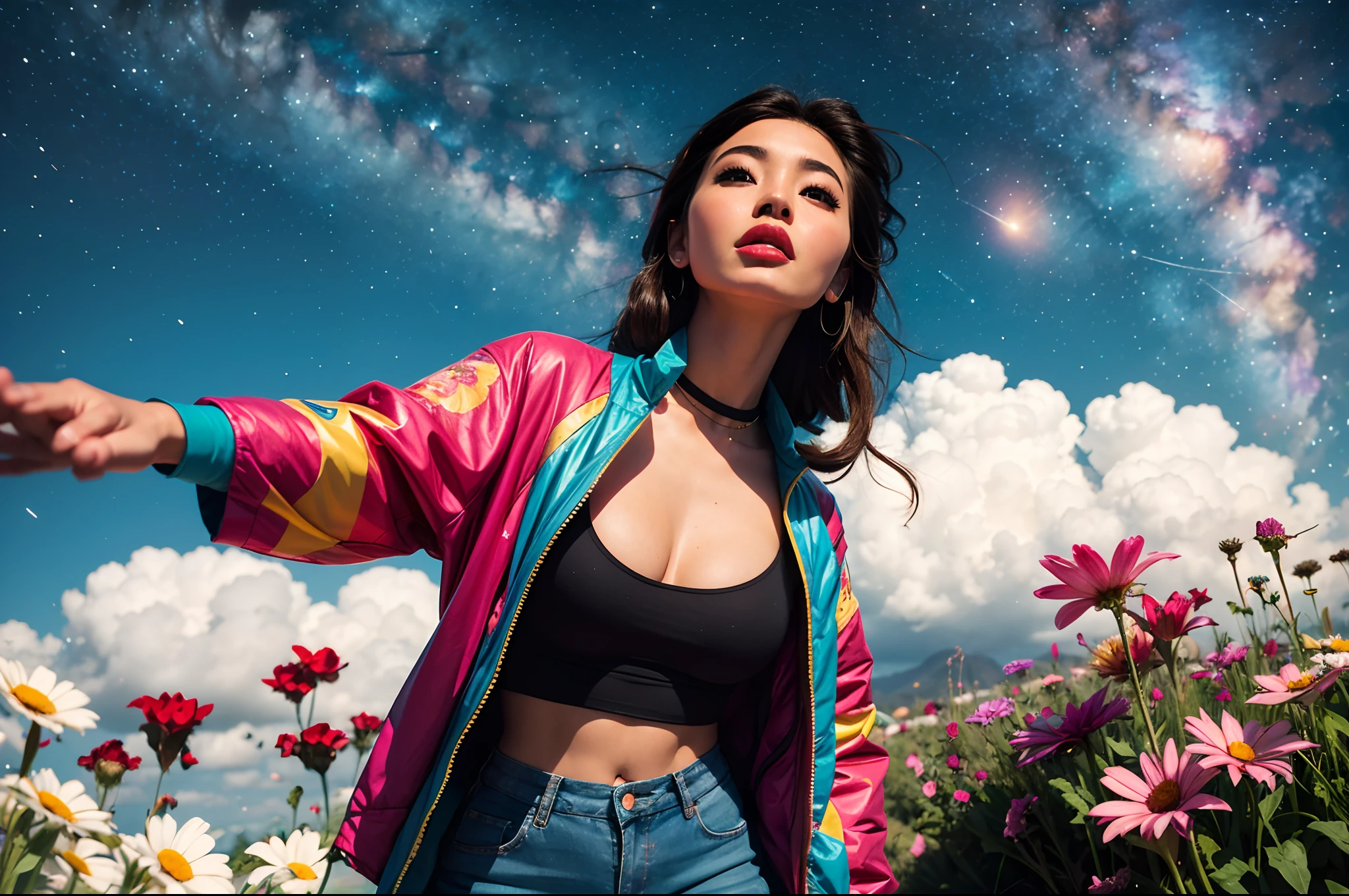 Beautiful face, beautiful body, Girl standing in the clouds staring up as the stars, stars floating around her, brilliant colors, amazing swirls of cosmic dust, colorful vibrant, light particles, Create digital artwork in the Pop Art style, Featuring a vibrant and confident young Asian girl,street fashion (breast), Movie color scheme, Surrounded by vintage flower motifs, Vibrant brushstrokes,Emotions should be dynamic, Upper body, Drawing, illustration, escala cinza, tropical, Many flowers,
