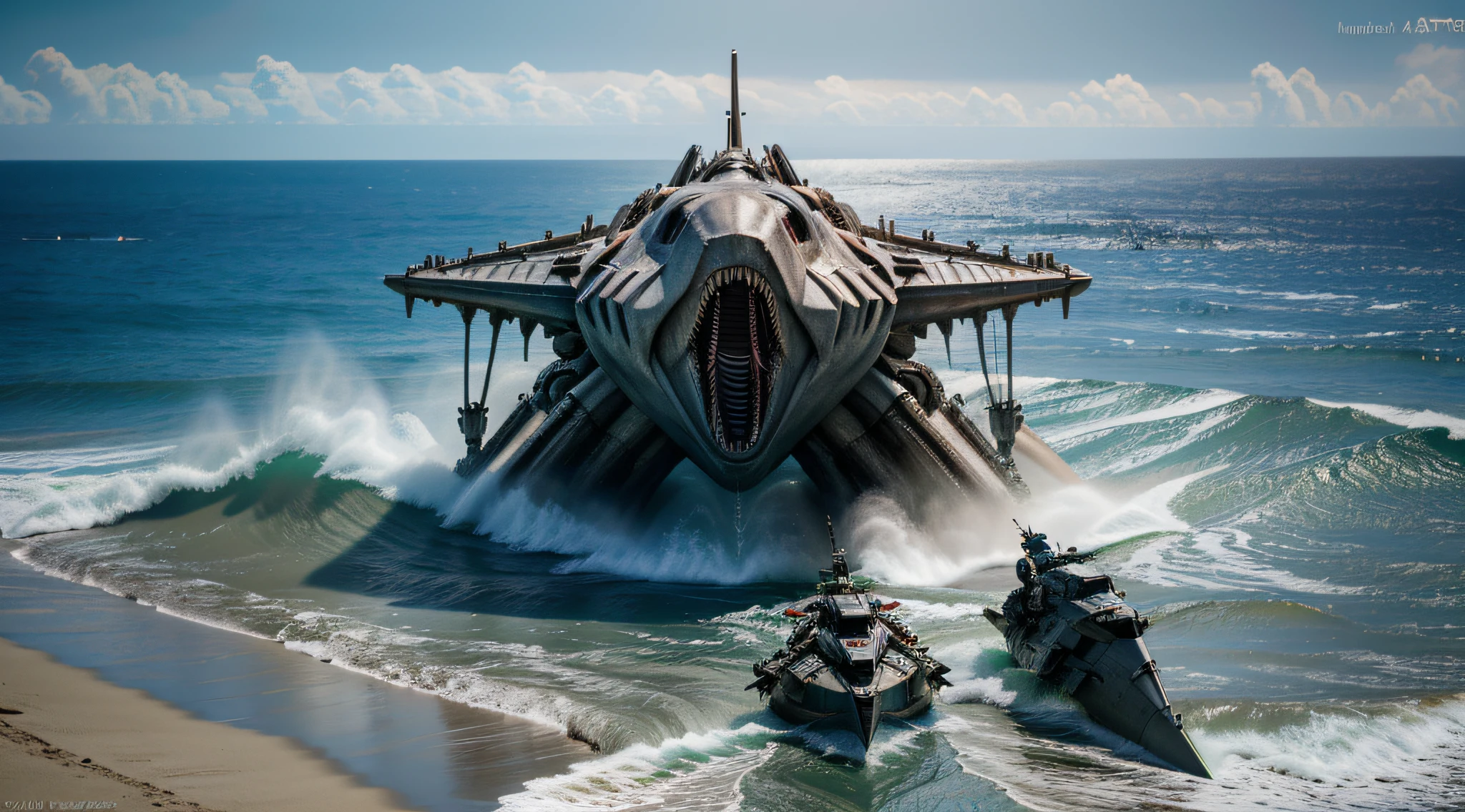 RAW, Masterpiece, Super Fine Photo, Ultra High Resolution, Photorealistic, Sunlight, giant metal shark sharp teeth exposed explodes out of the ocean, sandy beach facing the ocean, pigeoncore, neo-dadaist, mechanized precision, in the style of mecha sci-fi anime, 8k, best quality, highres,Ultra-realistic 64K CG, Photorealista:1.4, Skin Texture:1.4, Volumetric fog, 8k uhd, dslr, high quality, film grain, fair skin, photorealism, lomography, translucent