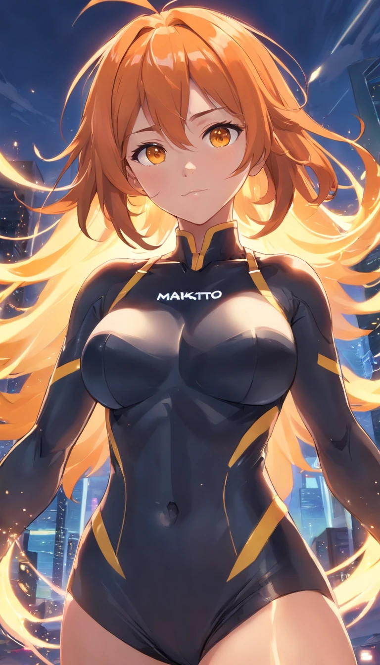 ​masterpiece、top-quality、1 female、Orange hair、huge tit、Big ass、black rubber suit、yellow eyes、thick thighs、Wavy hair、wide hips、Thigh muscles、(Spark:0.7)、musculature、abdominals