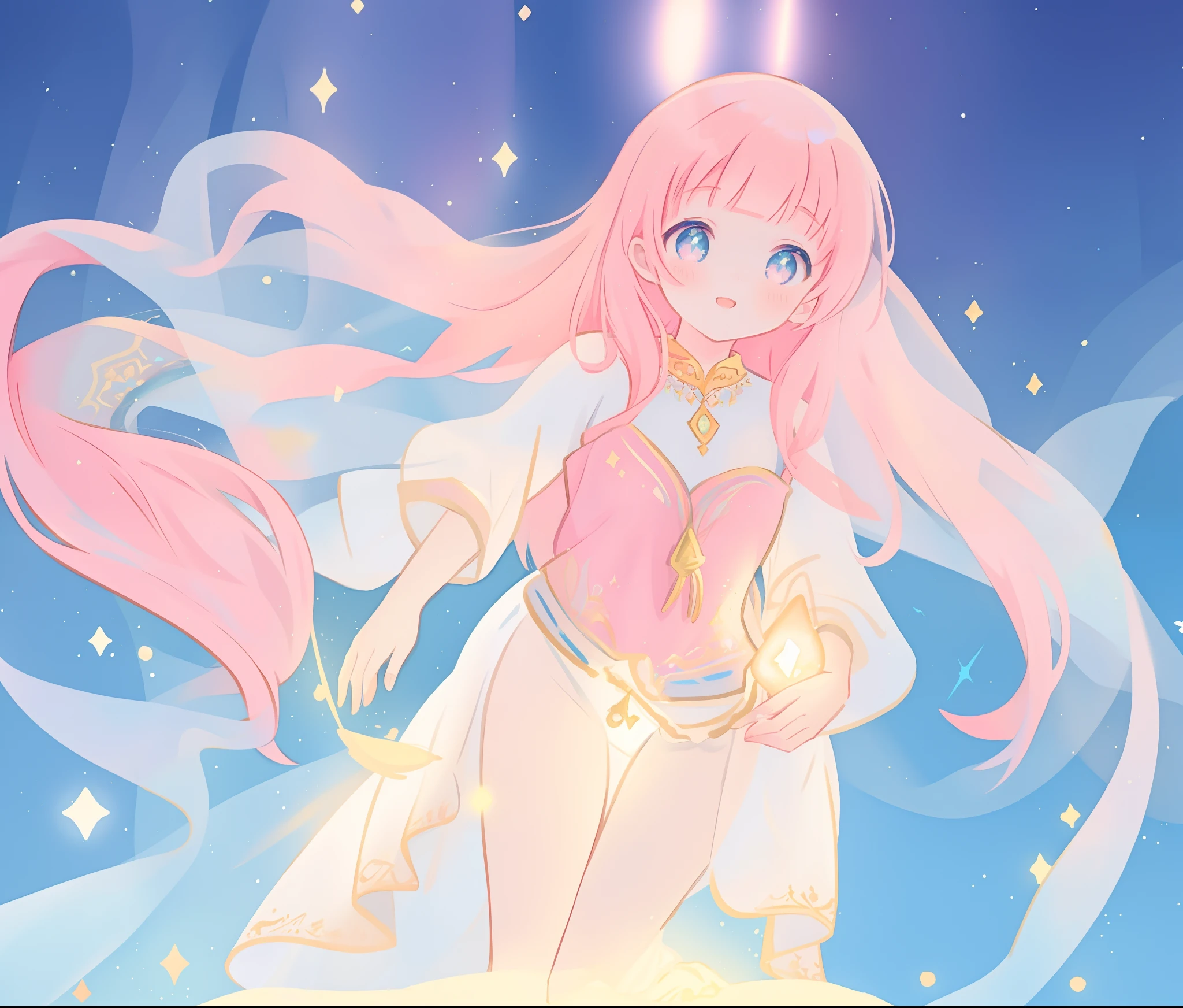 beautiful girl in white arabian dancer dress, arabian princess, arabian dress, long colorful sparkling pink hair, watercolor illustration, Lois van Baarle, glowing aura around her, Glen Keane, jen bartel, glowing hair, beautiful digital illustration, fantasia background, beautiful, masterpiece, best quality, anime disney style, (detailed eyes), golden ratio, perfect composition, (perfect anatomy)