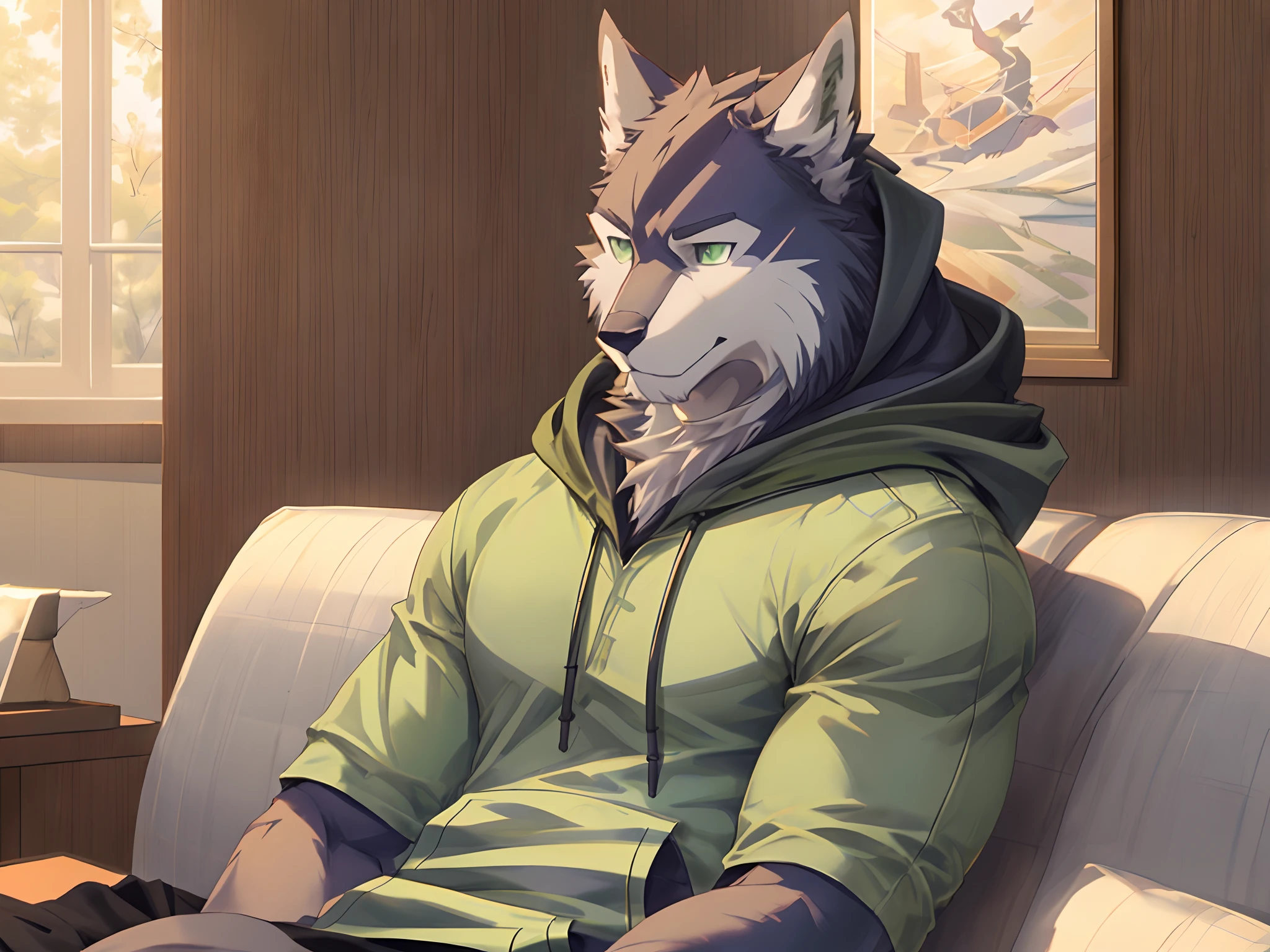 Best quality, Solo, Shoichi Urata, Furry Wolf, Dark Fur, Green eyes, Medium Muscular Body, Handsome, Good Looking, Hoodie, Casual shirt, Cool Pose, Fierce, Smiling, Sitting, Afternoon