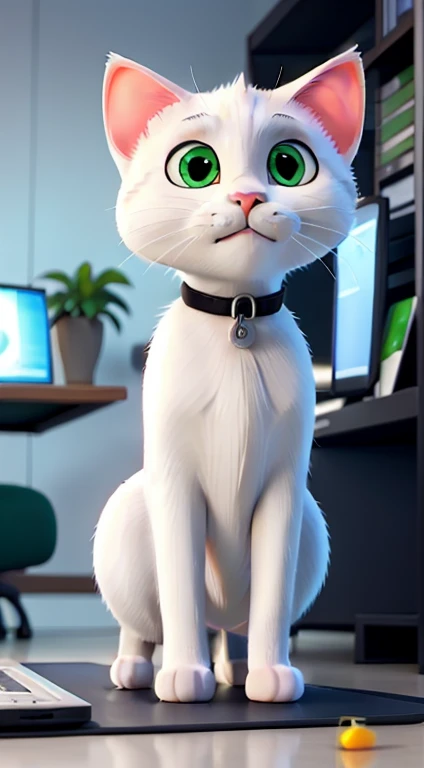 an all-white cat with small orange details on its face, green eyes, he is on top of me on the computer