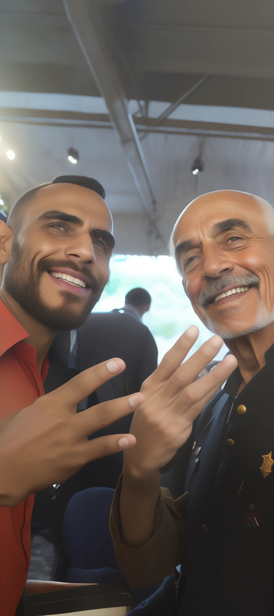 There are two men posing for a photo together in a conversation, com farda de soldado de guerra