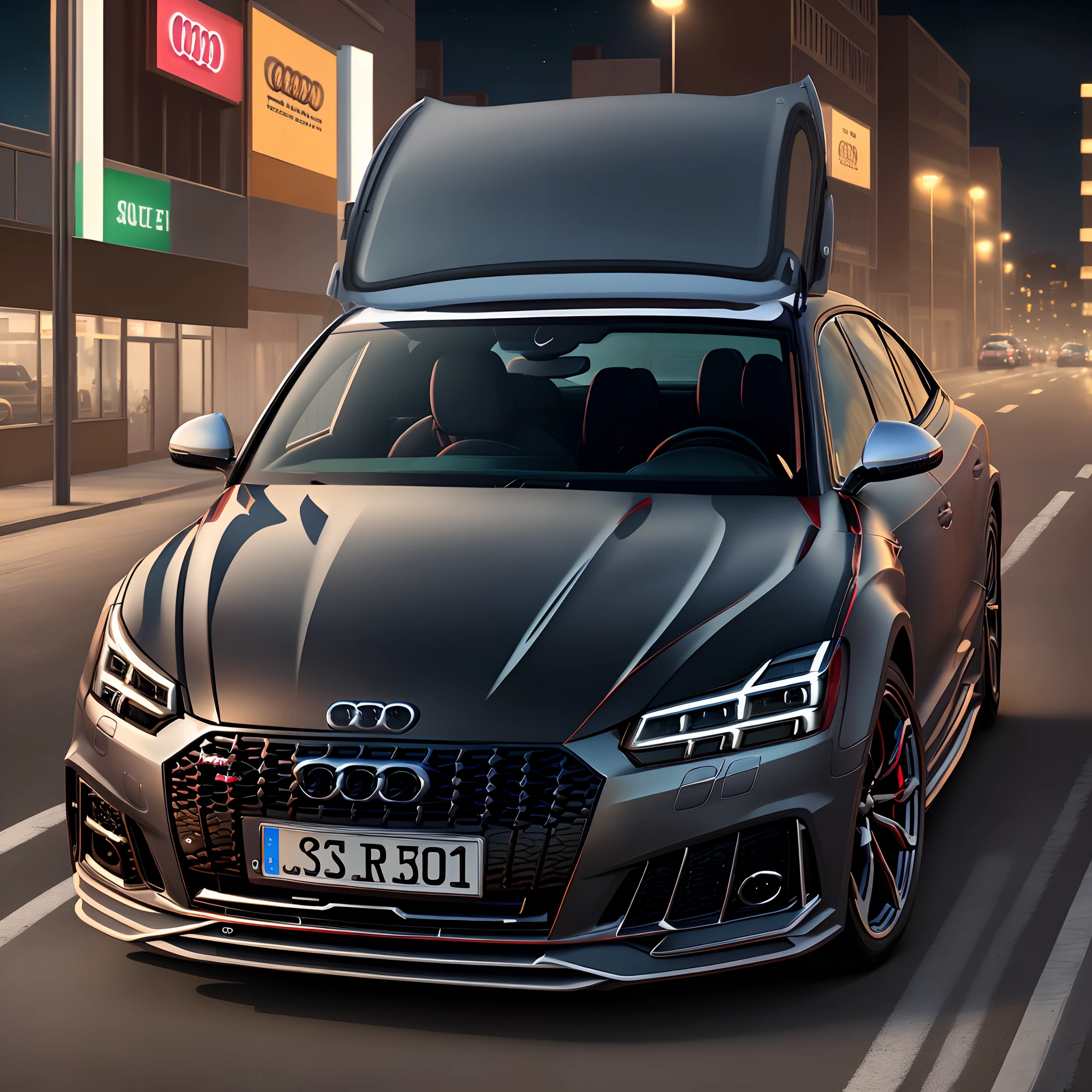 Audi RS5 Sportback 2018 with crocodile on driver seat at night city