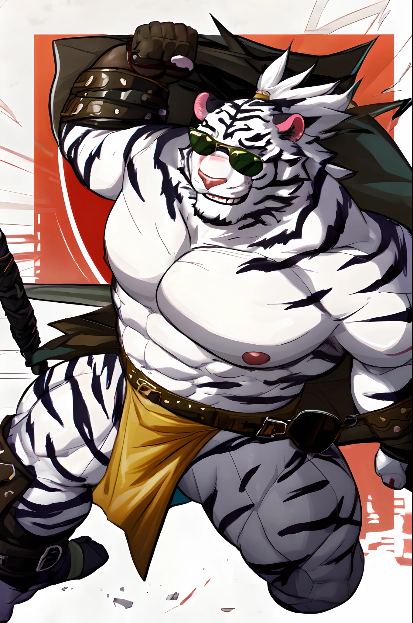 male, jin qiu,white tiger,muscular male,bara,tiger boy, solo focus, chubby, mature, green eyes, action pose, evil smile, topless, embarrassed, loincloth, dominant male,muscular male, jacket, sunglasses,
