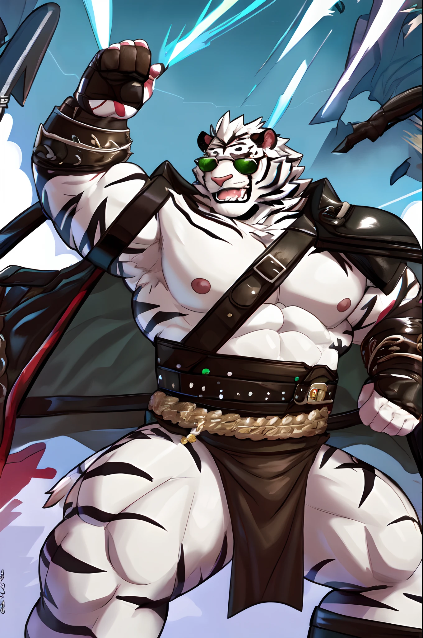 male,  jin qiu,white tiger,muscular male,bara,tiger boy, solo focus, chubby, mature, green eyes, action pose, evil smile, topless, embarrassed, loincloth, dominant male,muscular male, jacket, sunglasses,