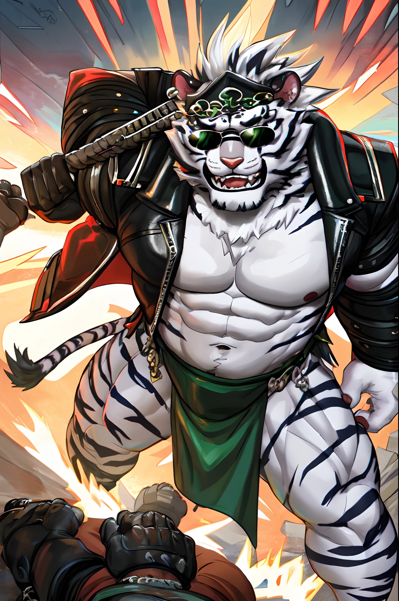 male, jin qiu,white tiger,muscular male,bara,tiger boy, solo focus, chubby, mature, green eyes, action pose, evil smile, topless, embarrassed, loincloth, dominant male,muscular male, jacket, sunglasses,
