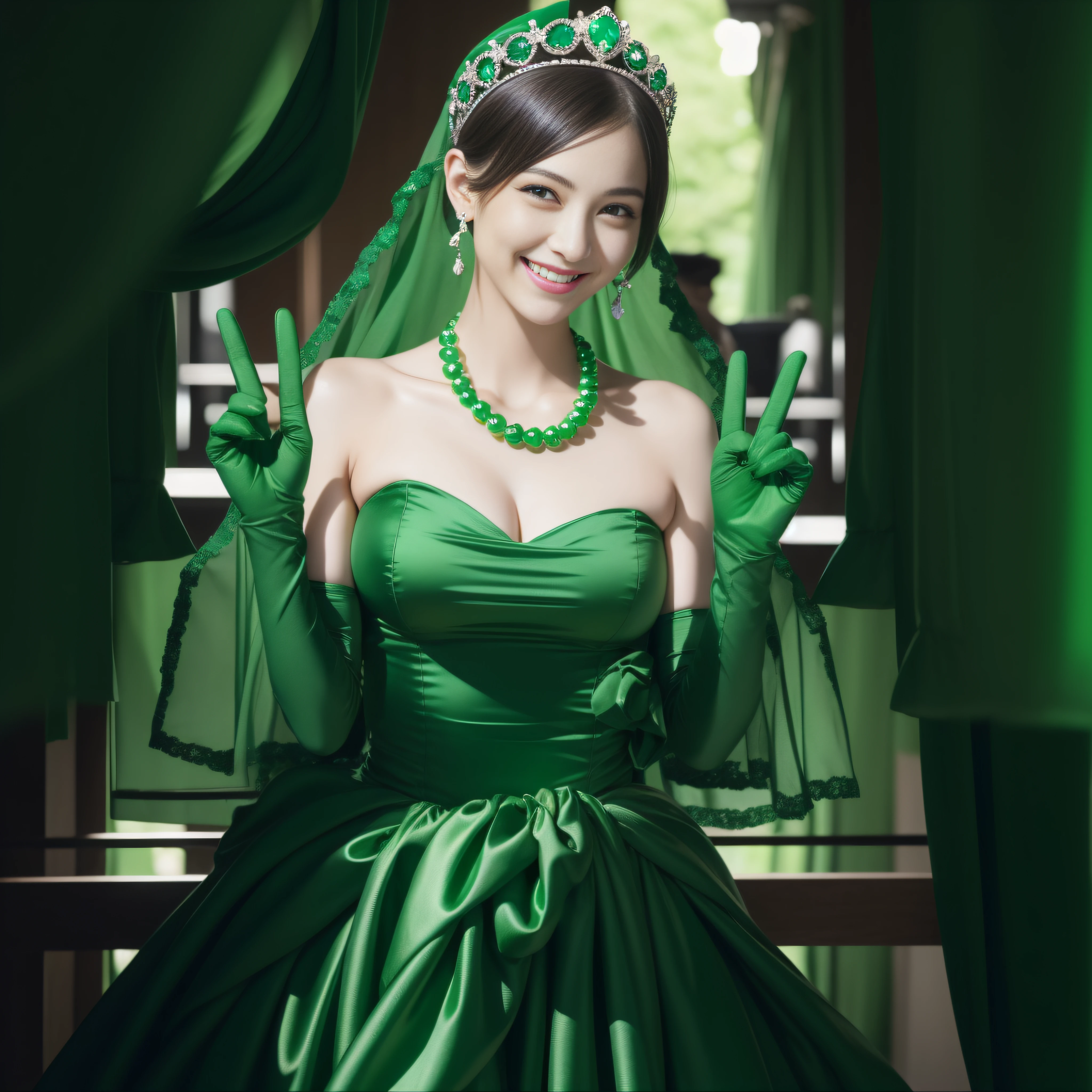 emerald tiara, Green Pearl Necklace, Boyish very short green hair, lipsticks, Japan woman smiling, very short short hair, big breasts beautiful, Green eyes, Long green gloves made of satin material, Green eyes, v sign,V-sign with both hands, Emerald Earrings