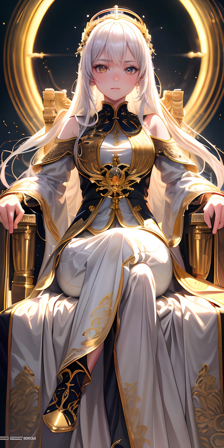 (Masterpiece:1.2), best quality, (illustration:1.2), (ultra-detailed), hyper details, (delicate detailed), (intricate details), (cinematic light, best quality Backlights), clear line, from below, soloist, perfect body, (1girl), white hair and yellow eyes, (emperor, black see-through clothes), (crown: 1.1), sitting on the throne, eyes slightly closed, head down, (shy: 1.2 ), (makeup), high contrast, (best illumination, an extremely create and beautiful), (cinematic light), colorful,