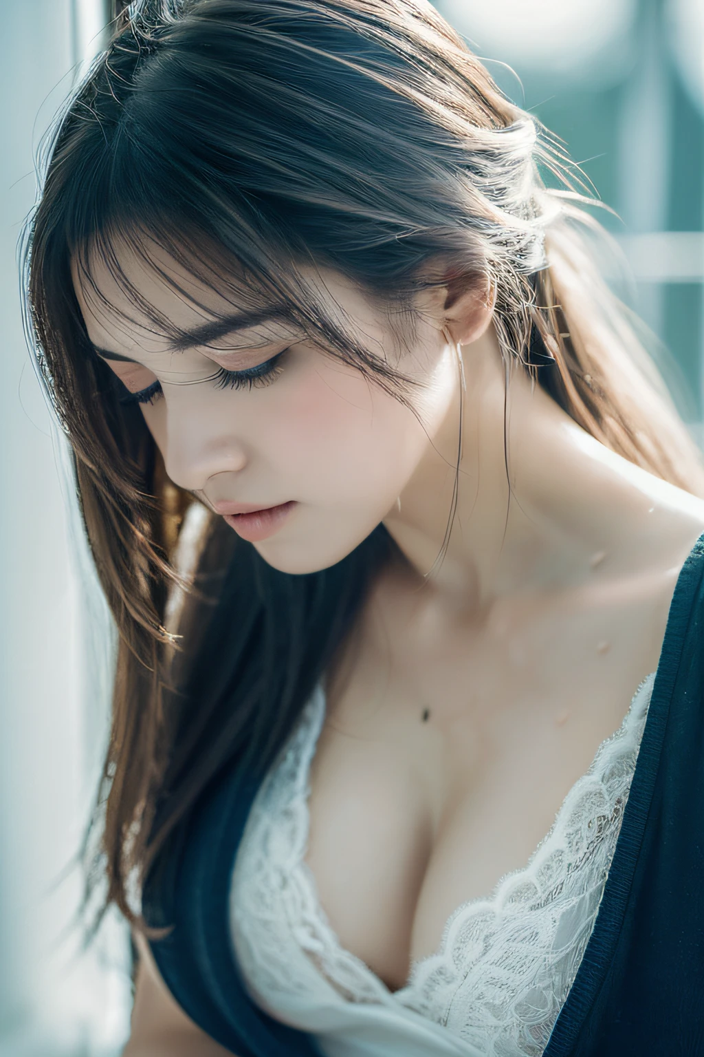((top quality, 8k, masterpiece: 1.3)), women (full body portrait, front, babydoll wearing, wet clothes, big breasts, cleavage), sunset, cocktail, relaxed pose, overhead camera, sharp focus: 1.2, cute women: 1.4, (((hairstyle random)), wet hair, very detailed face and skin and hair texture, detailed eyes, double eyelids, white skin, beautiful delicate nose, Cute young Japan woman, 28 years old, at a dynamic angle, is pleasing to the eye and suggestive composition, emphasizing the subject's hair, eyes, mouth and action, while exuding melancholy emotions characterized by a contrasting mix of muted tones and light and shadow,